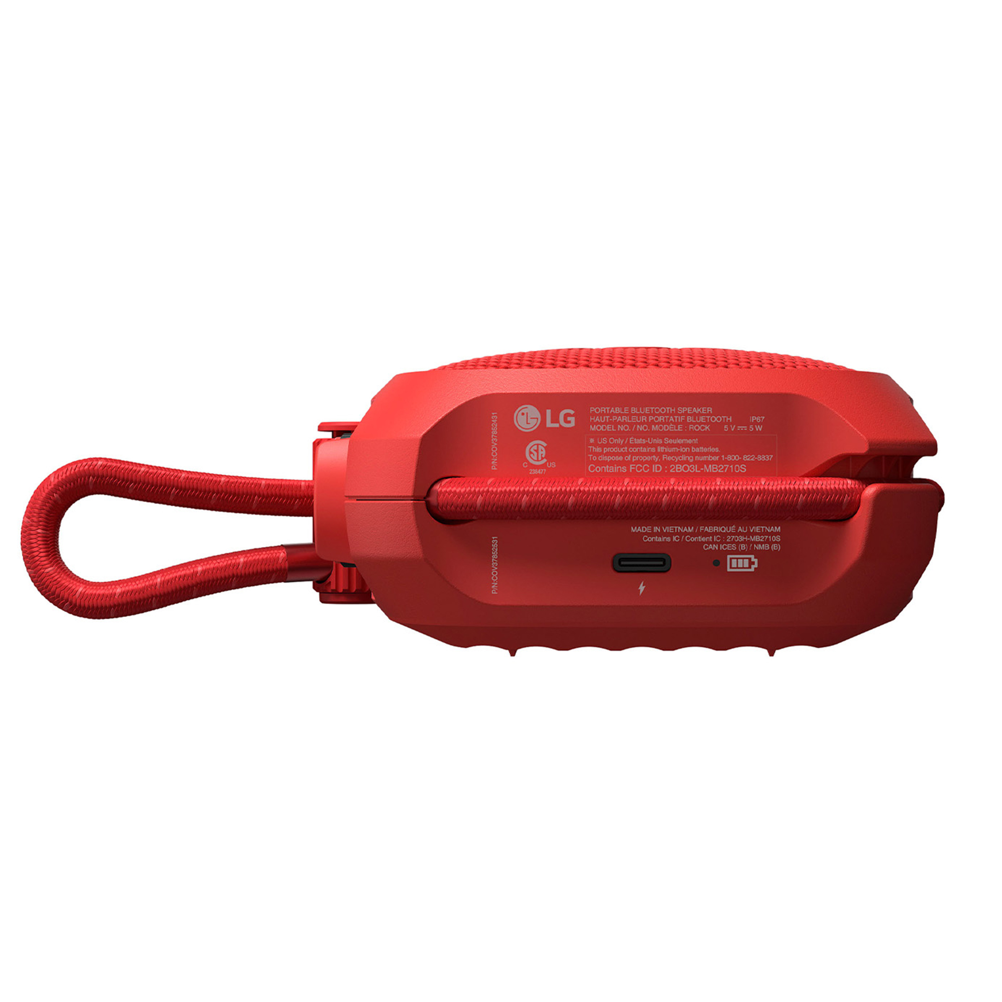 Altavoz Bluetooth LG rojo con bucle de tela y puerto USB-C en la parte trasera.