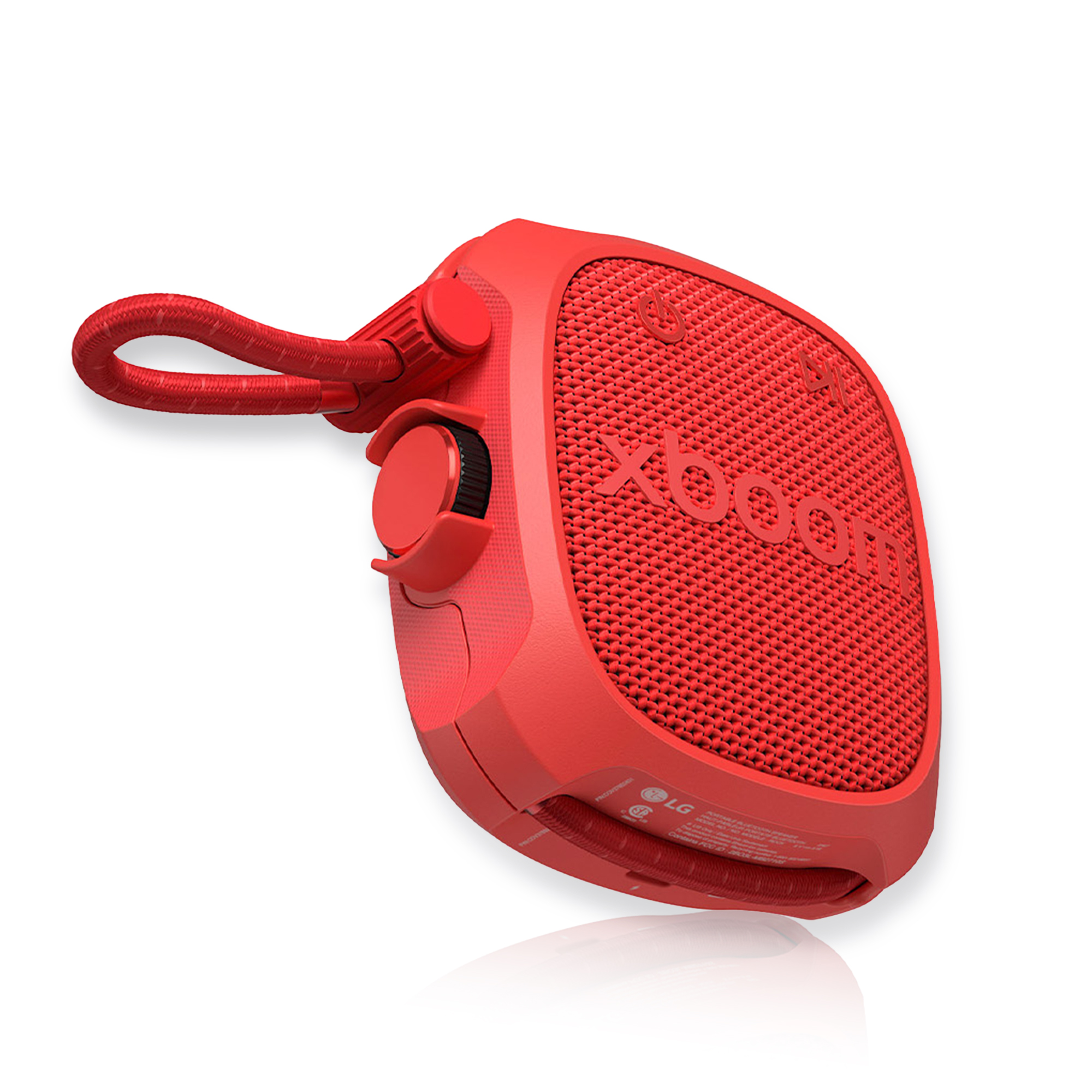 Un altavoz Bluetooth LG XBOOM rojo con correa y dial.