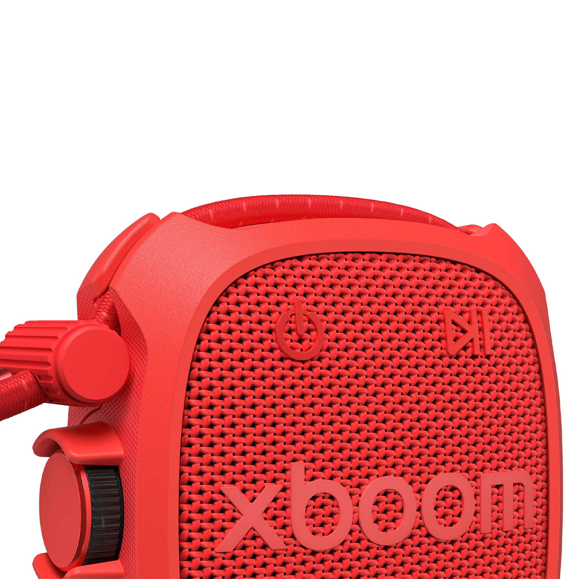 Altavoz rojo con símbolos de encendido y Bluetooth.