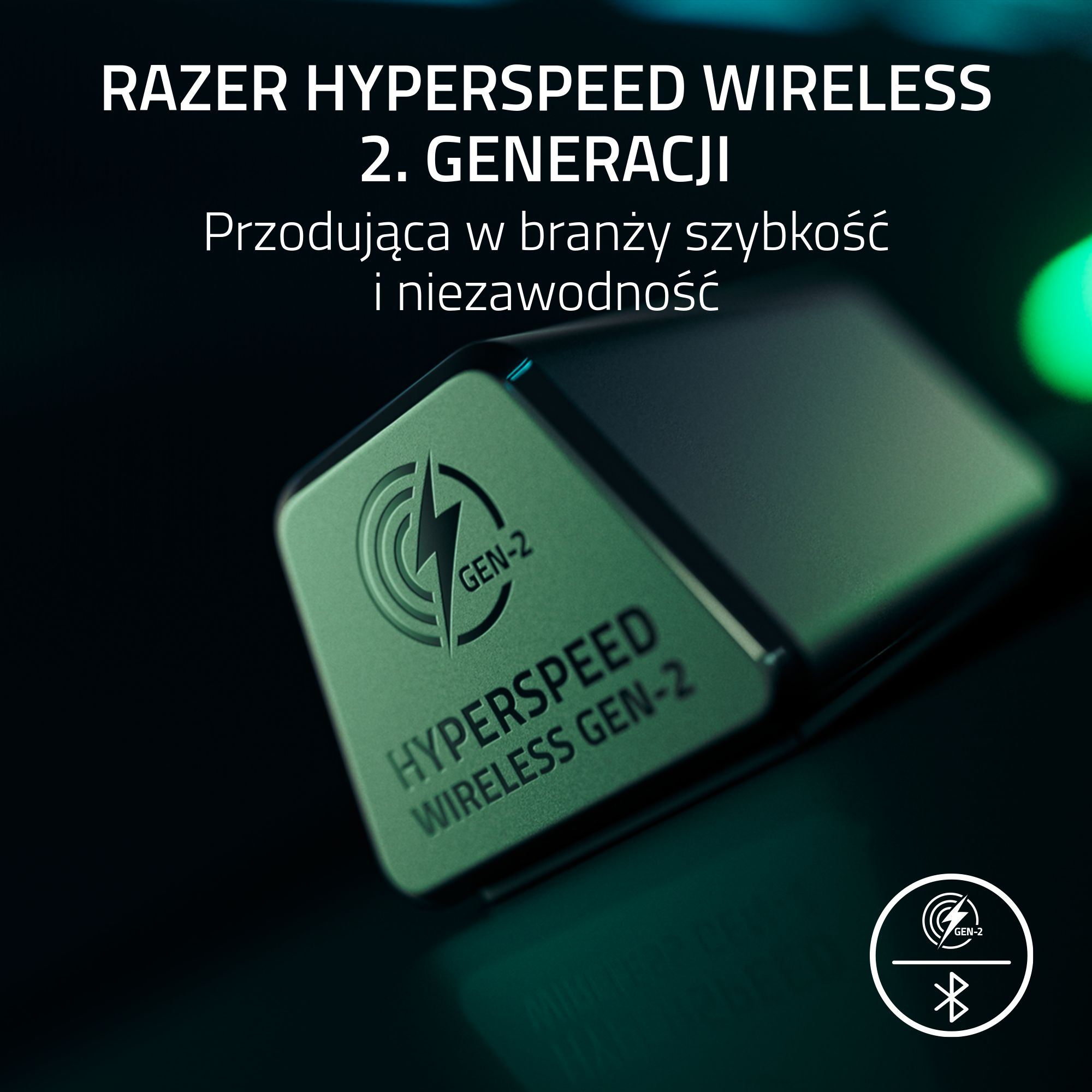 Klucz Razer Hyperspeed Wireless Gen-2 z symbolami błyskawicy i Bluetooth.