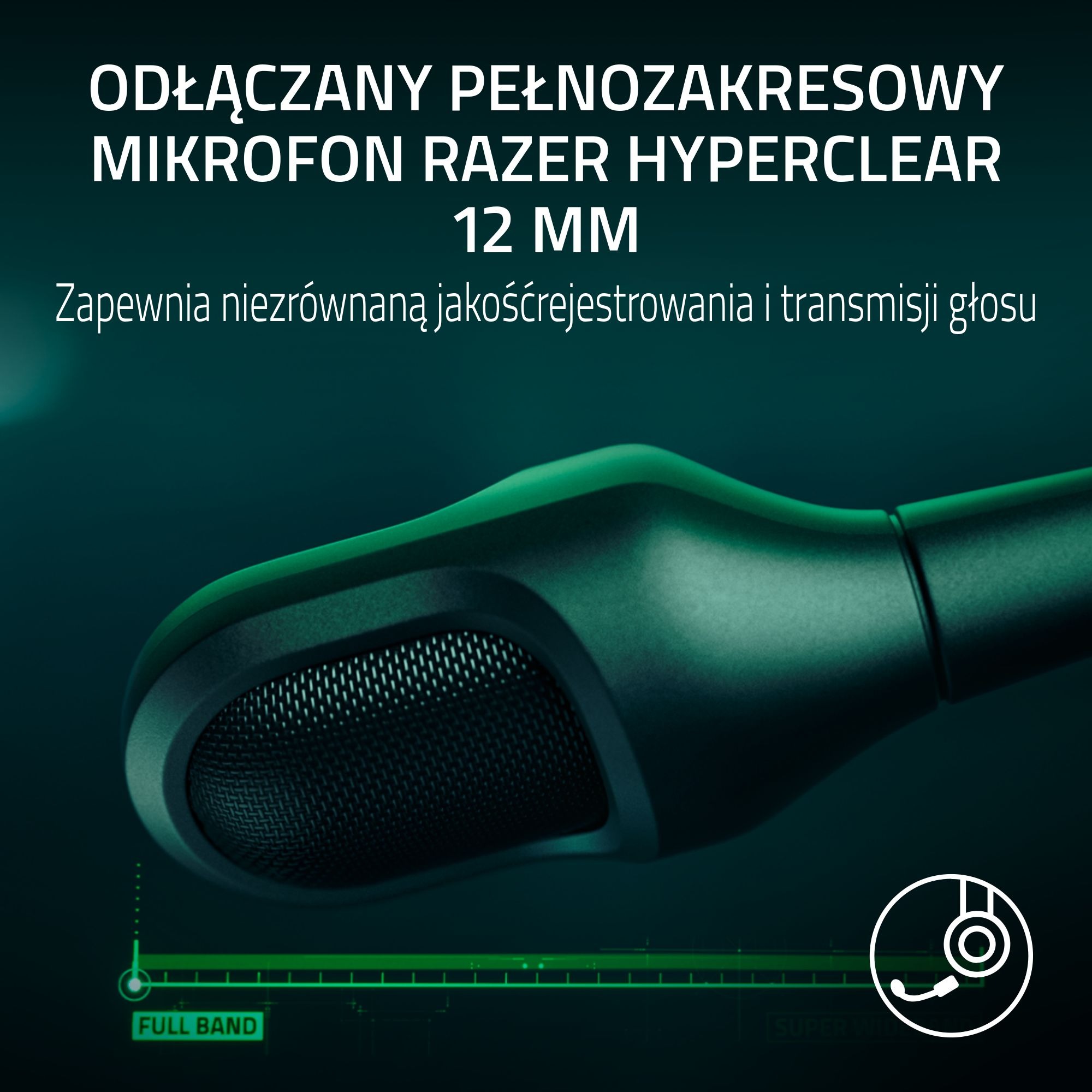 Zbliżenie odłączanego mikrofonu Razer Hyperclear 12 mm szerokopasmowego z wykresem fal dźwiękowych.