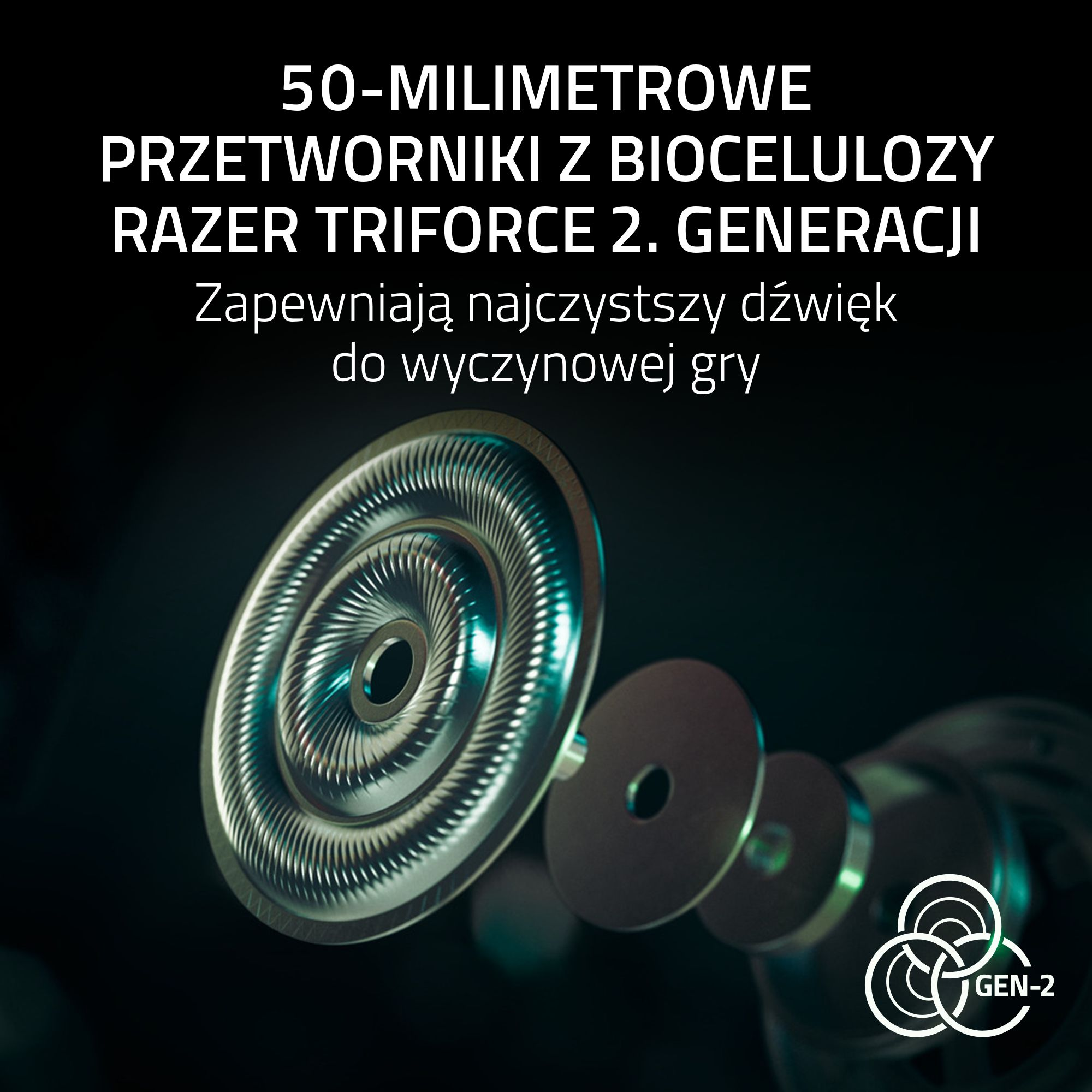 Zbliżenie na przetworniki Razer 50 mm z biocelulozy, Gen-2.