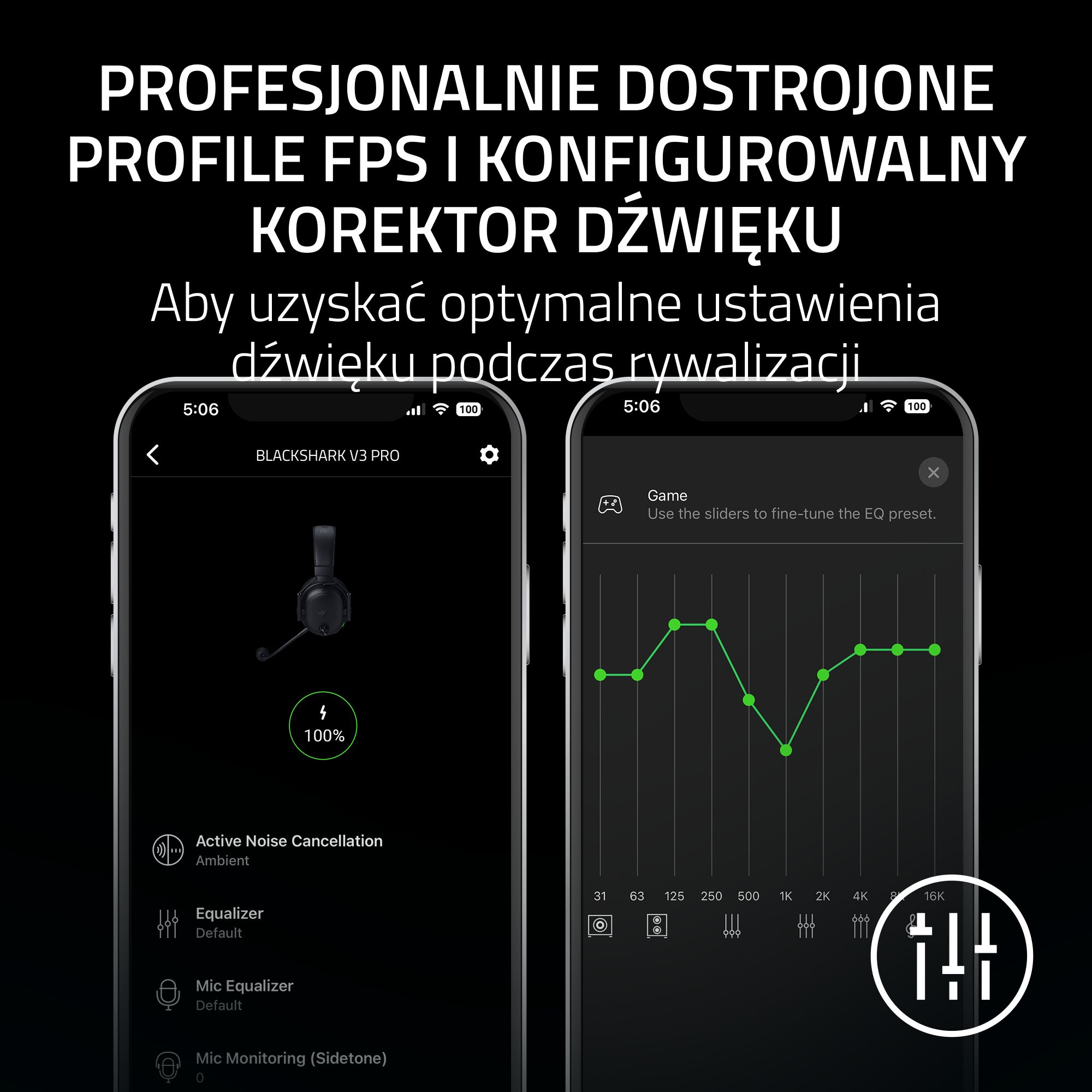 Dwa ekrany smartfonów pokazują aplikację słuchawek z ustawieniami korektora i poziomem głośności.