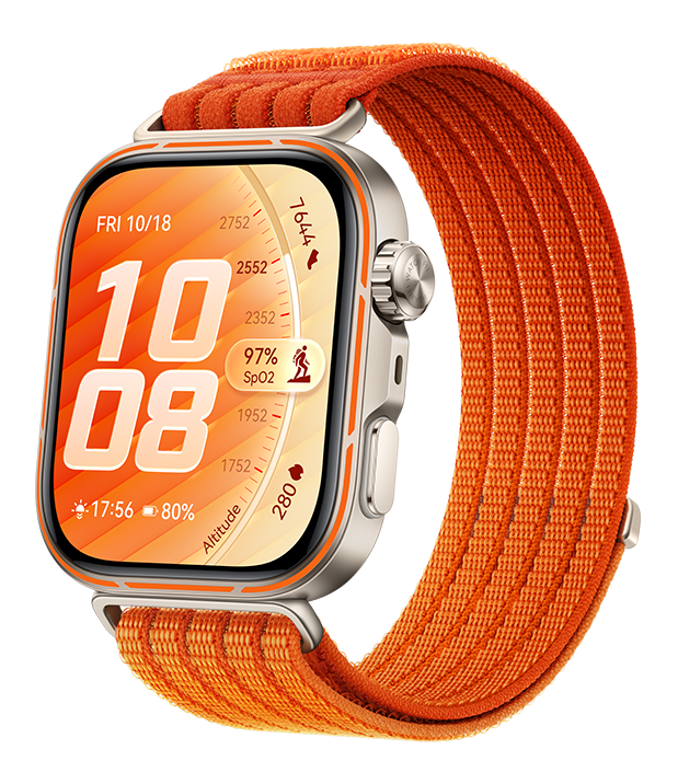 Srebrny smartwatch z pomarańczową tkana opaską wyświetla 10:08, datę i wskaźniki zdrowia.