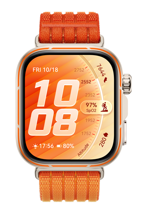Pomarańczowy smartwatch wyświetla 10:08, 97% SpO2 i wysokość.