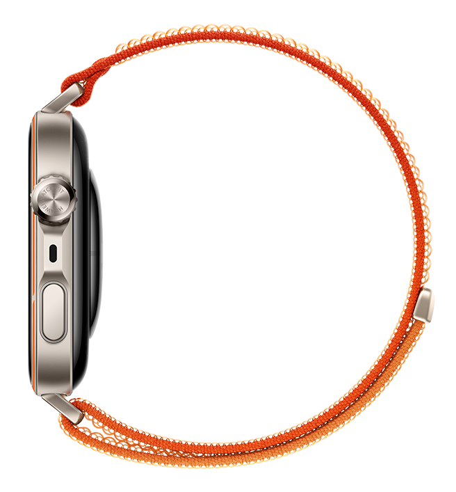 Srebrny smartwatch z pomarańczową opaską z tkaniny i metalu.