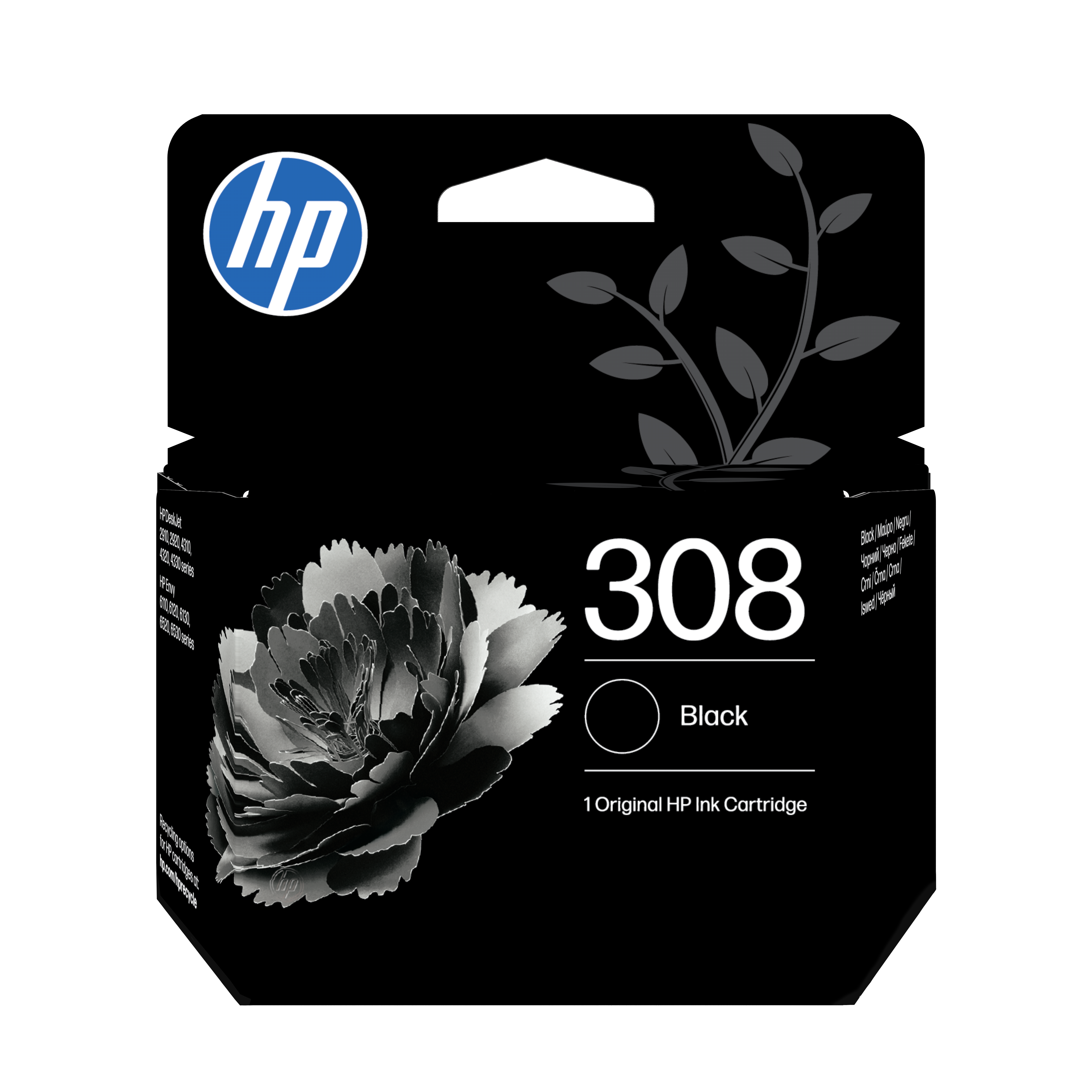 Czarny tusz HP 308 z logo HP, wzorem kwiatowym i szczegółami produktu.