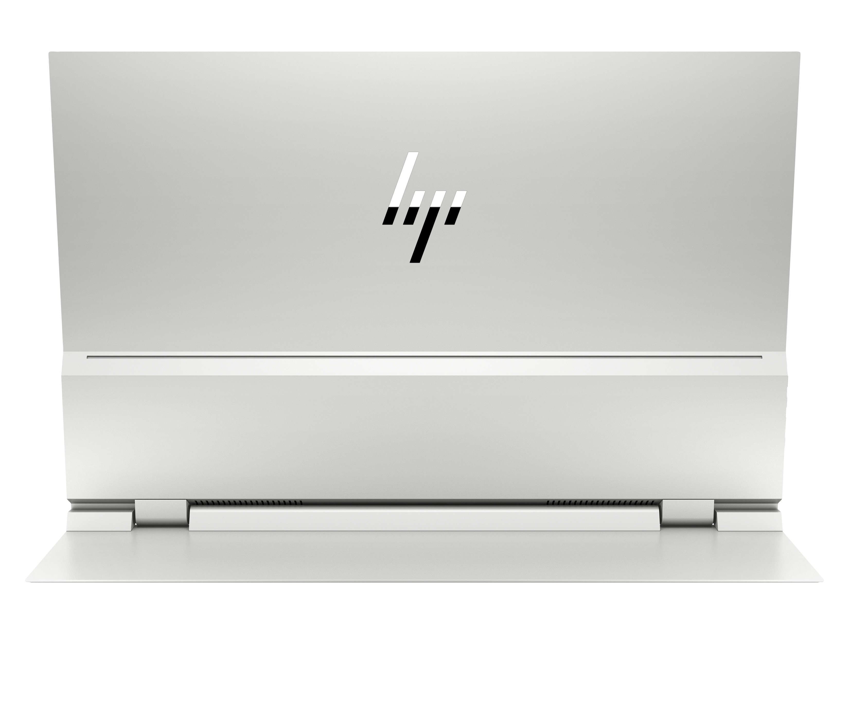 Ein weißer Laptop mit dem HP-Logo auf dem aufgeklappten Deckel.