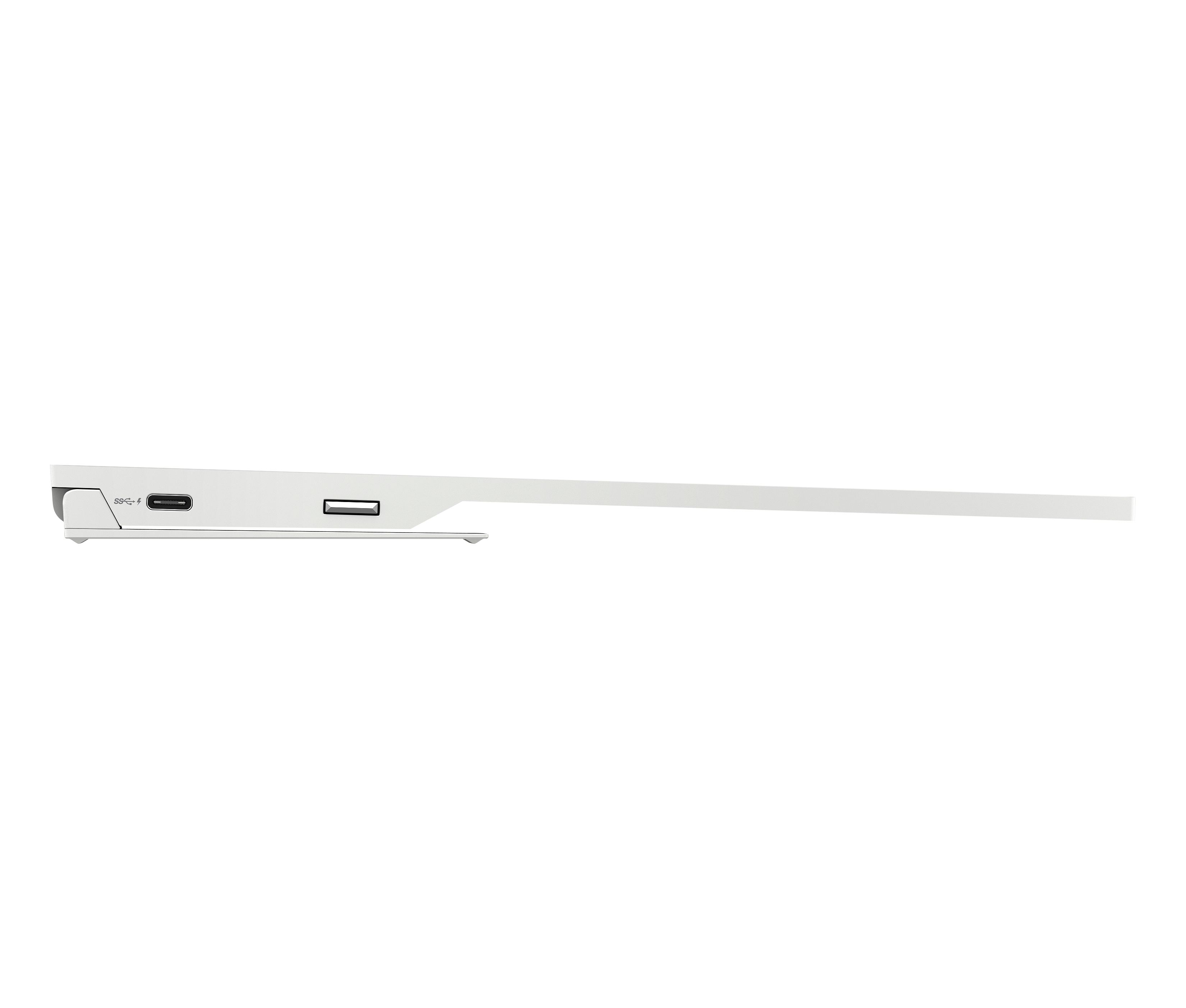 Detailansicht eines weißen Laptops mit USB-C- und USB-A-Anschlüssen.