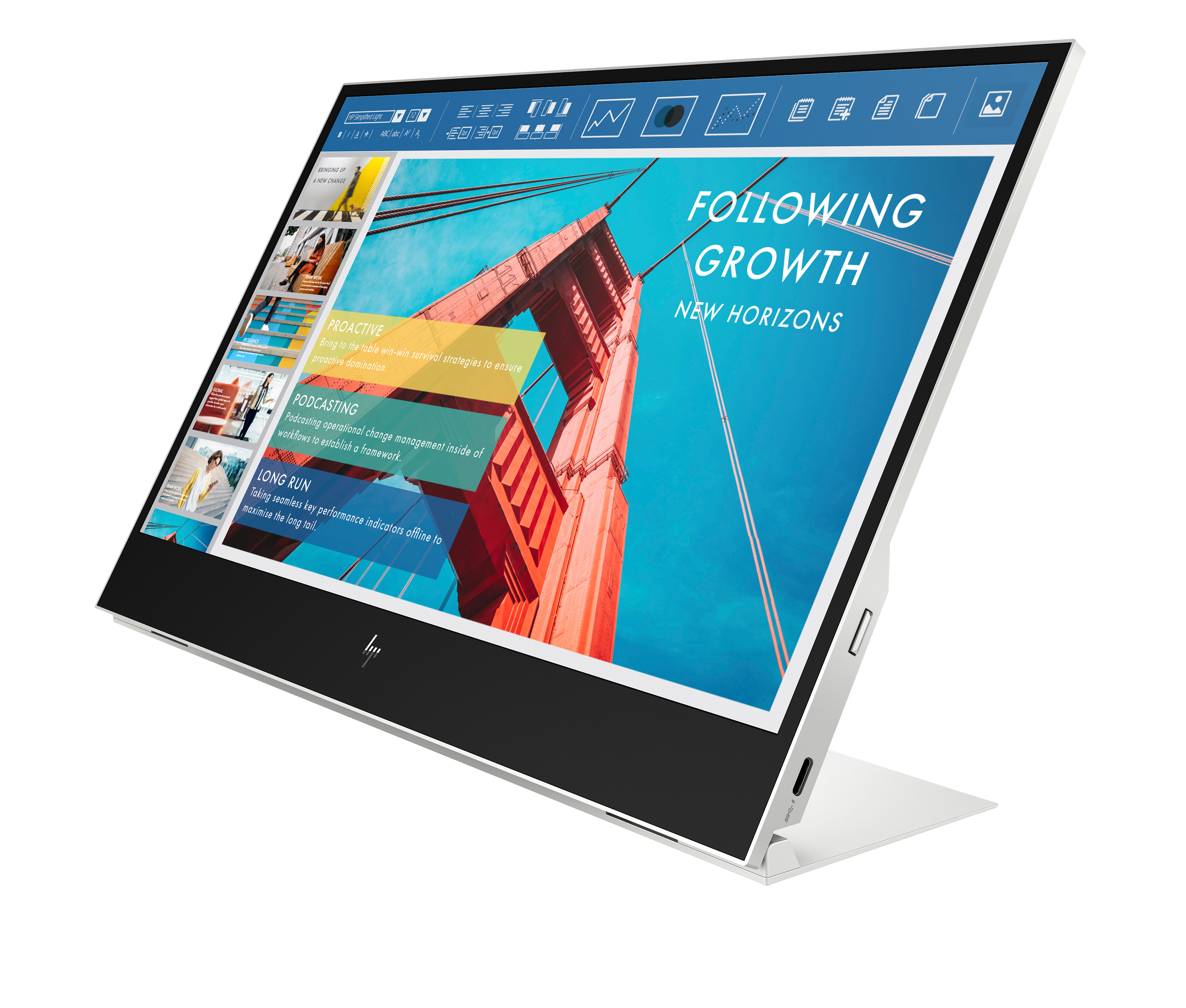 Laptop mit Golden Gate Bridge und Text 'Following Growth'.