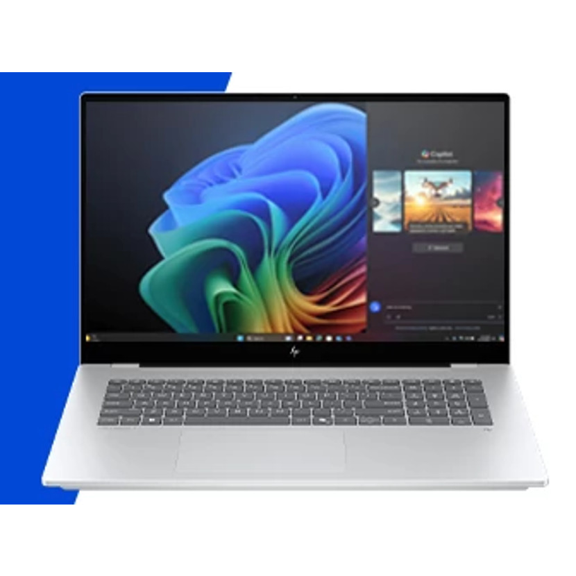 Een zilveren laptop met een kleurrijke achtergrondafbeelding op het scherm.