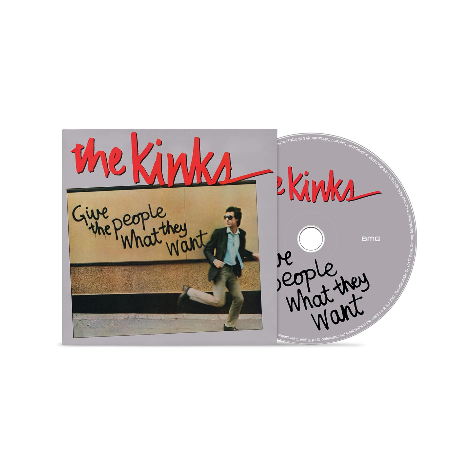 CD-Cover und CD von The Kinks' 'Give the People What They Want' mit Mann, der rennt.