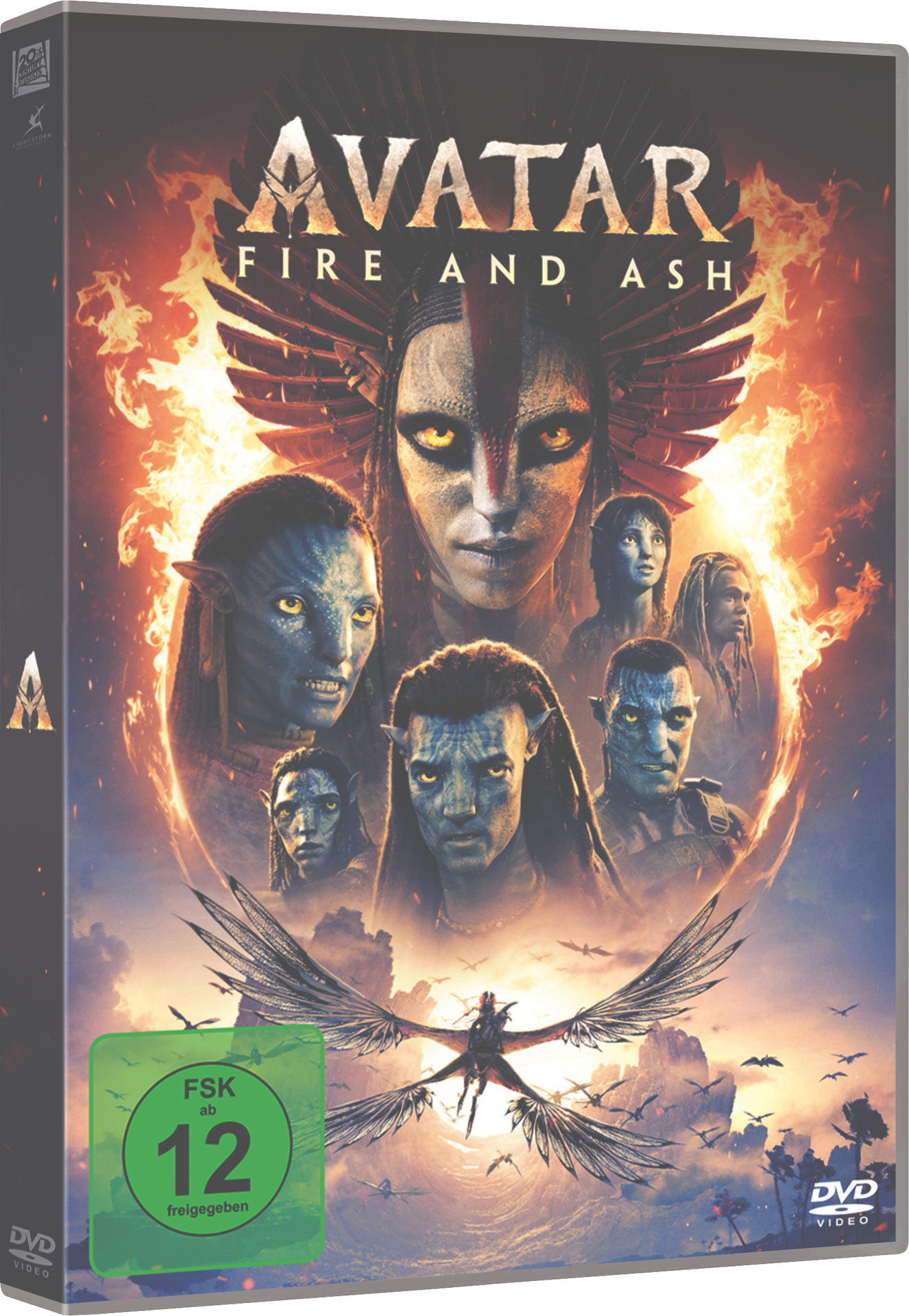 DVD-Hülle von Avatar: Fire and Ash mit Na'vi-Gesichtern, Flammen und Flugwesen.