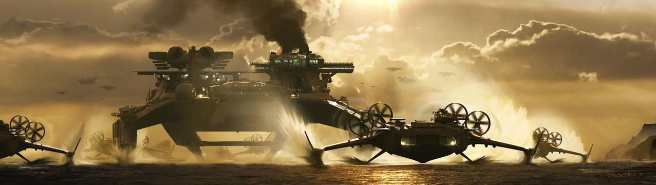 Große Schiffe und Flugzeuge auf dem Wasser mit Rauch und Wellen.