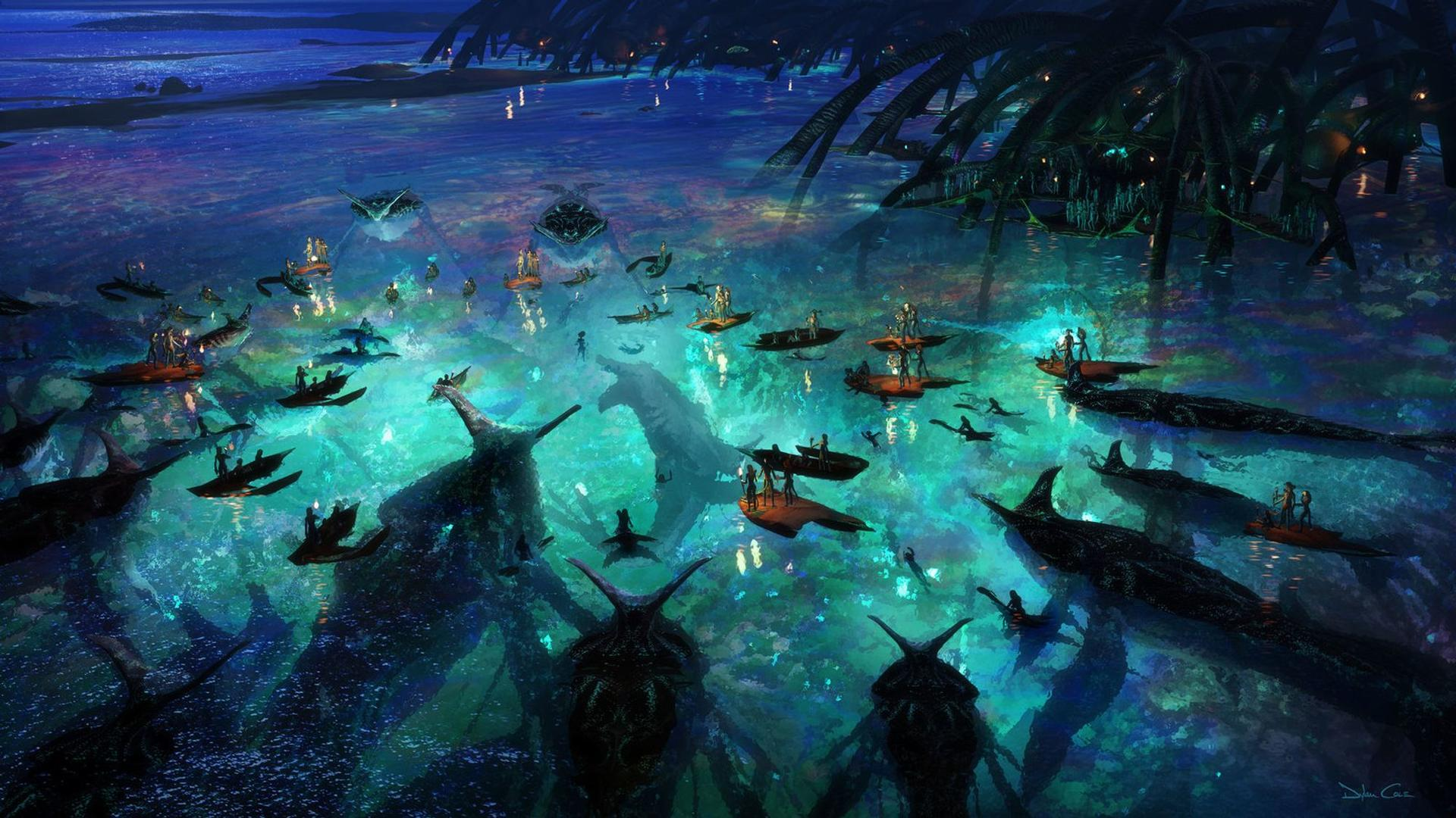 Fantasievolle Landschaft mit vielen Booten und Kreaturen im leuchtend blauen Wasser.