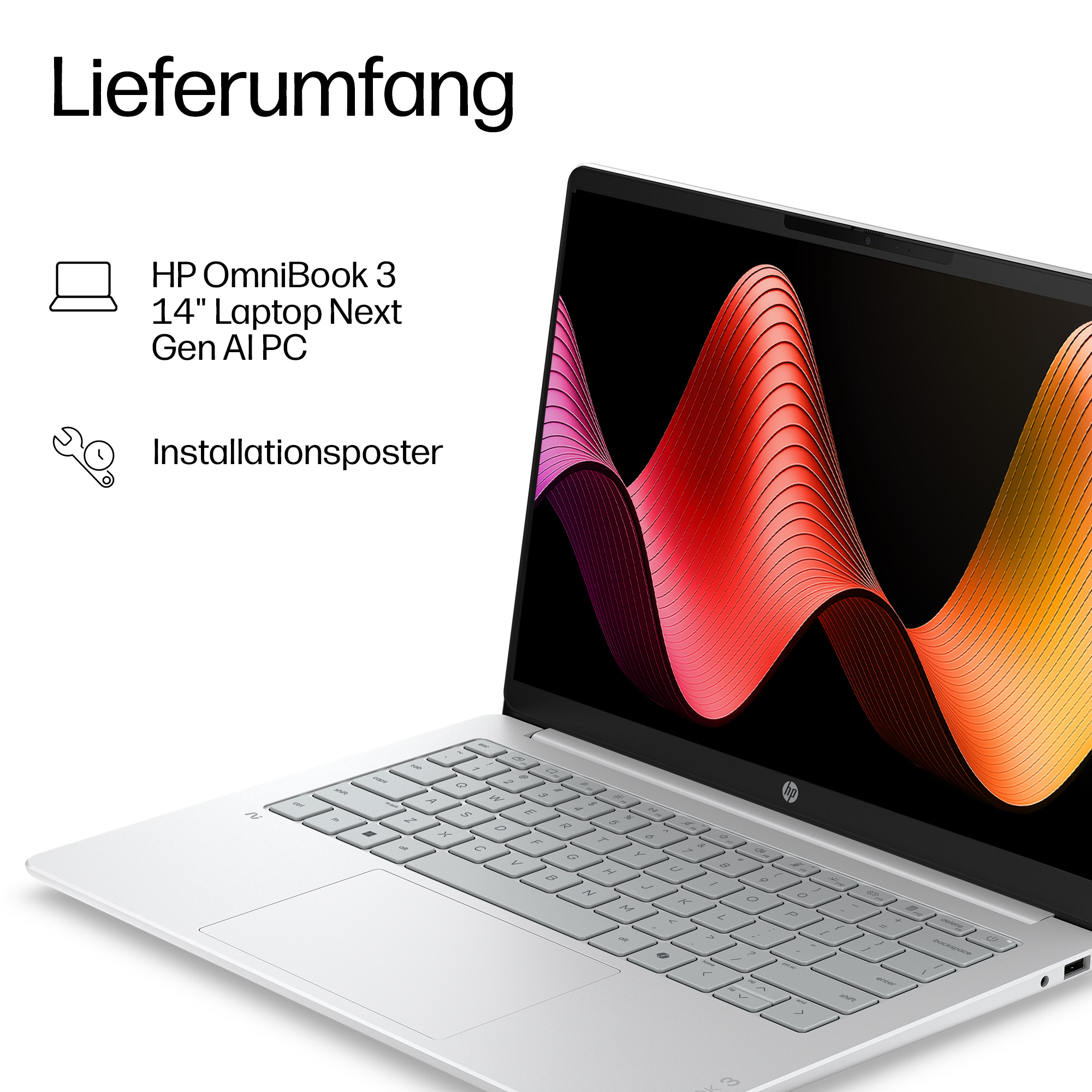 Silberner HP Laptop mit farbigem Wellenmuster auf dem Bildschirm.