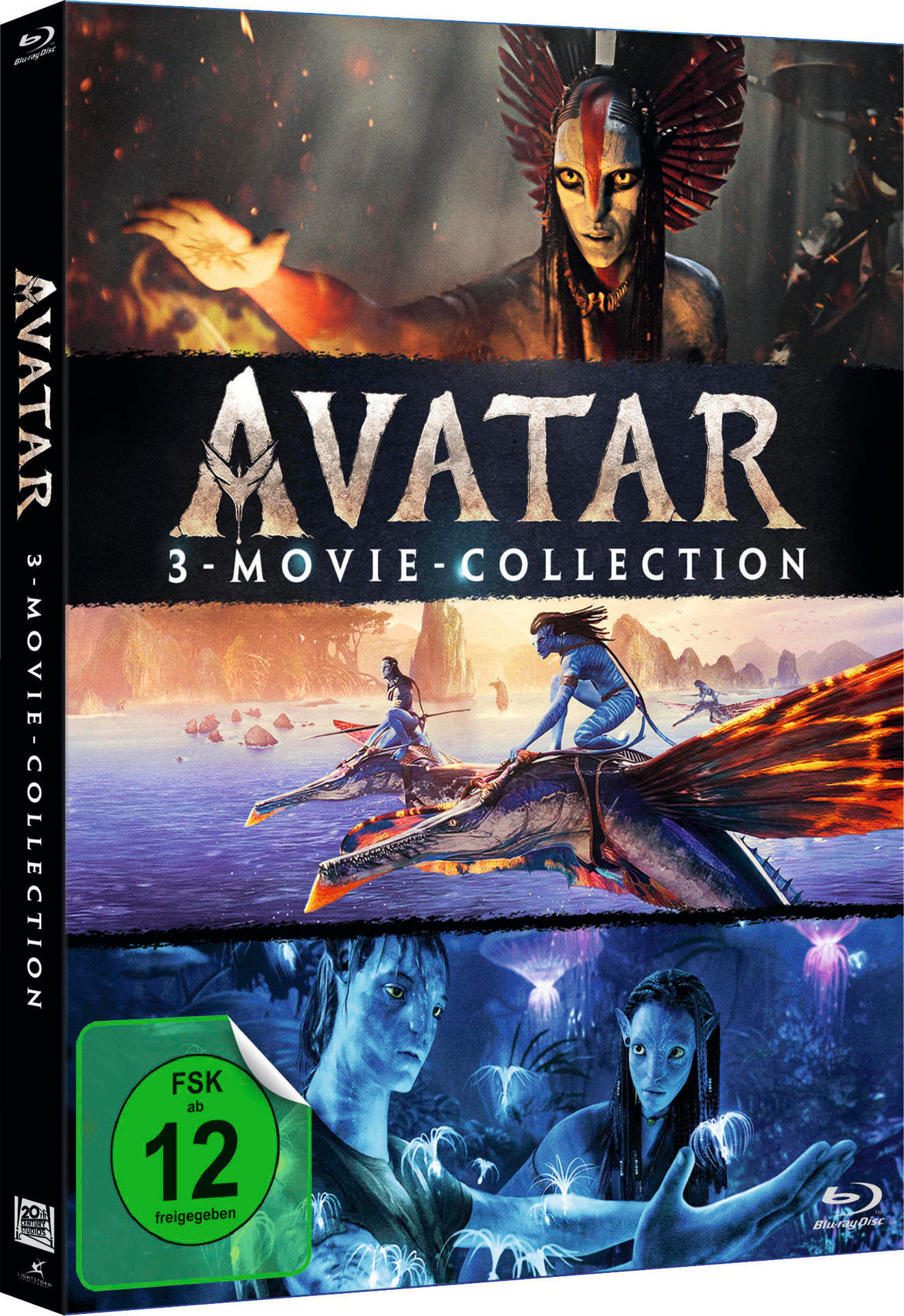 Avatar 3-Movie-Collection Blu-ray Cover mit verschiedenen Szenen und Charakteren.