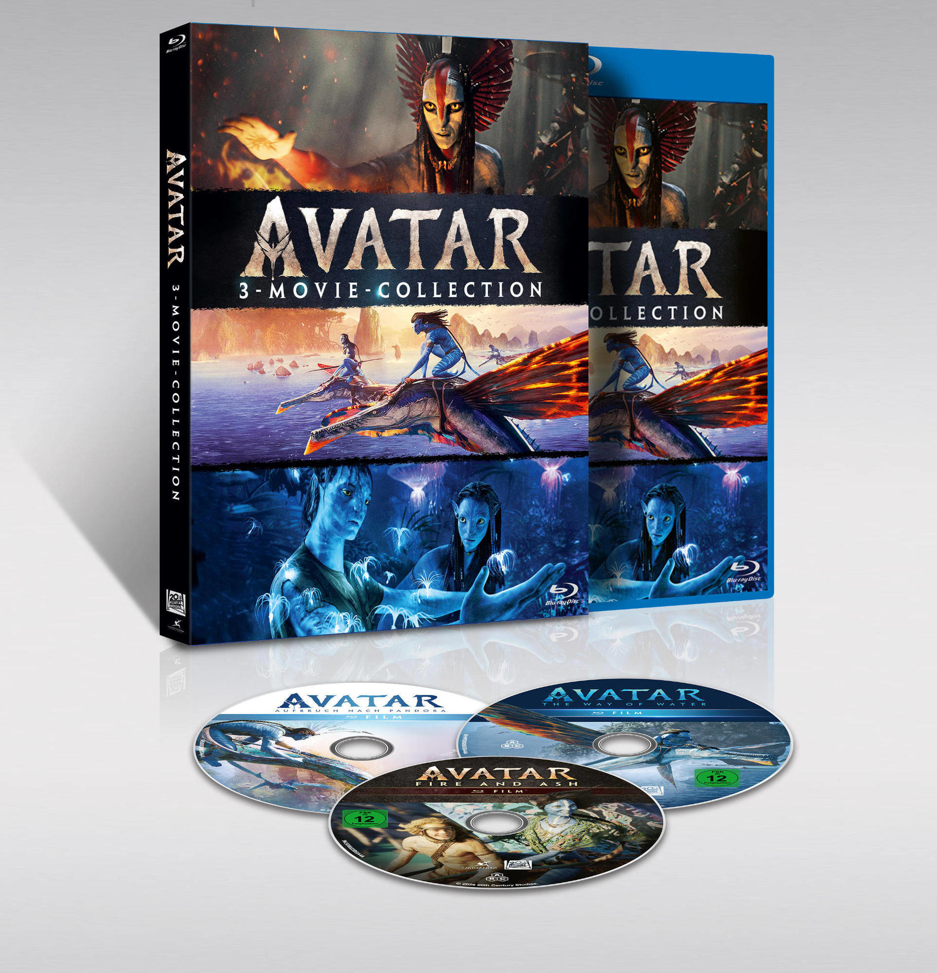 Avatar 3-Movie-Collection Blu-ray Hülle mit drei Discs, mit Szenen aus den Filmen.