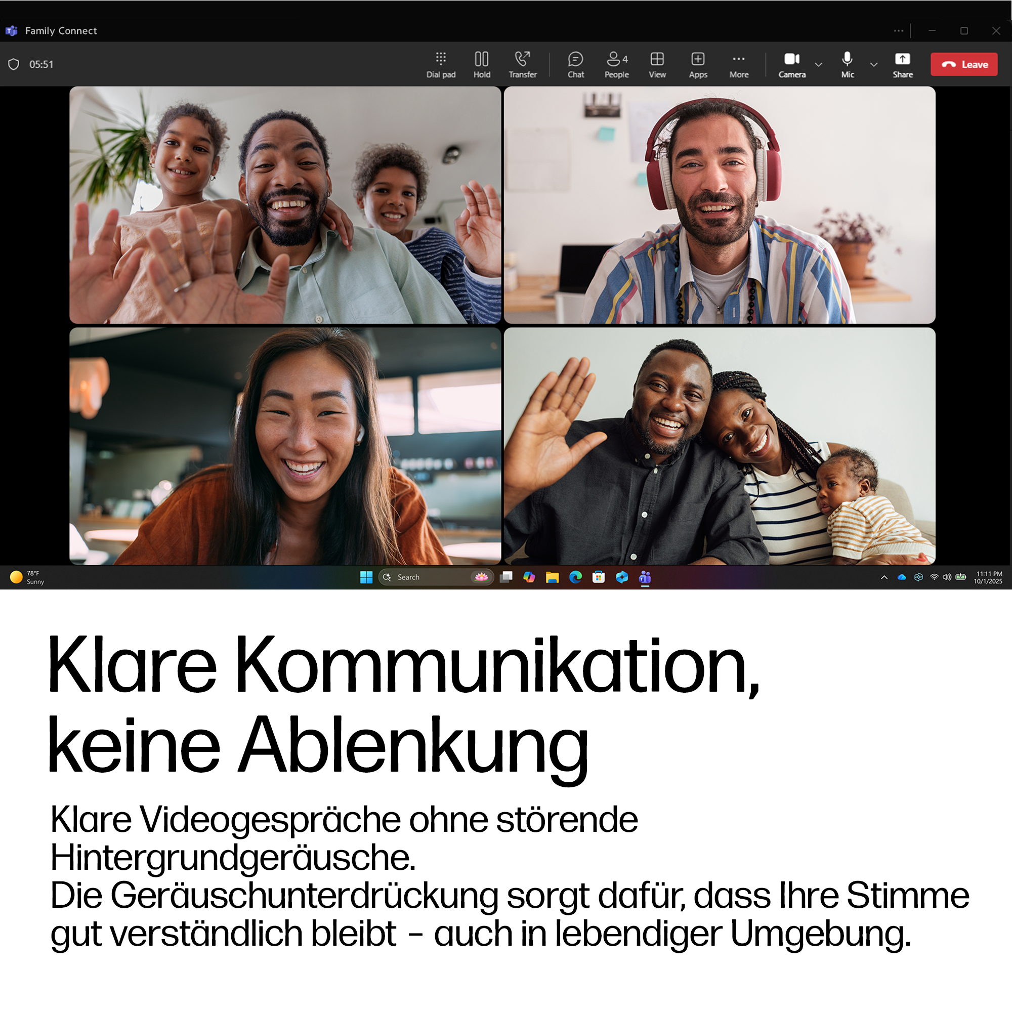 Vier Personen in einem Videoanruf: Familie oben, Frau unten links, Mann mit Baby unten rechts.