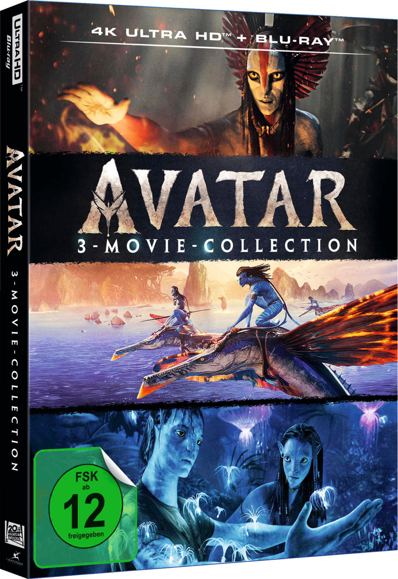 Avatar 3-Movie-Collection 4K UHD Blu-ray Hülle mit Na'vi und FSK 12 Freigabe.