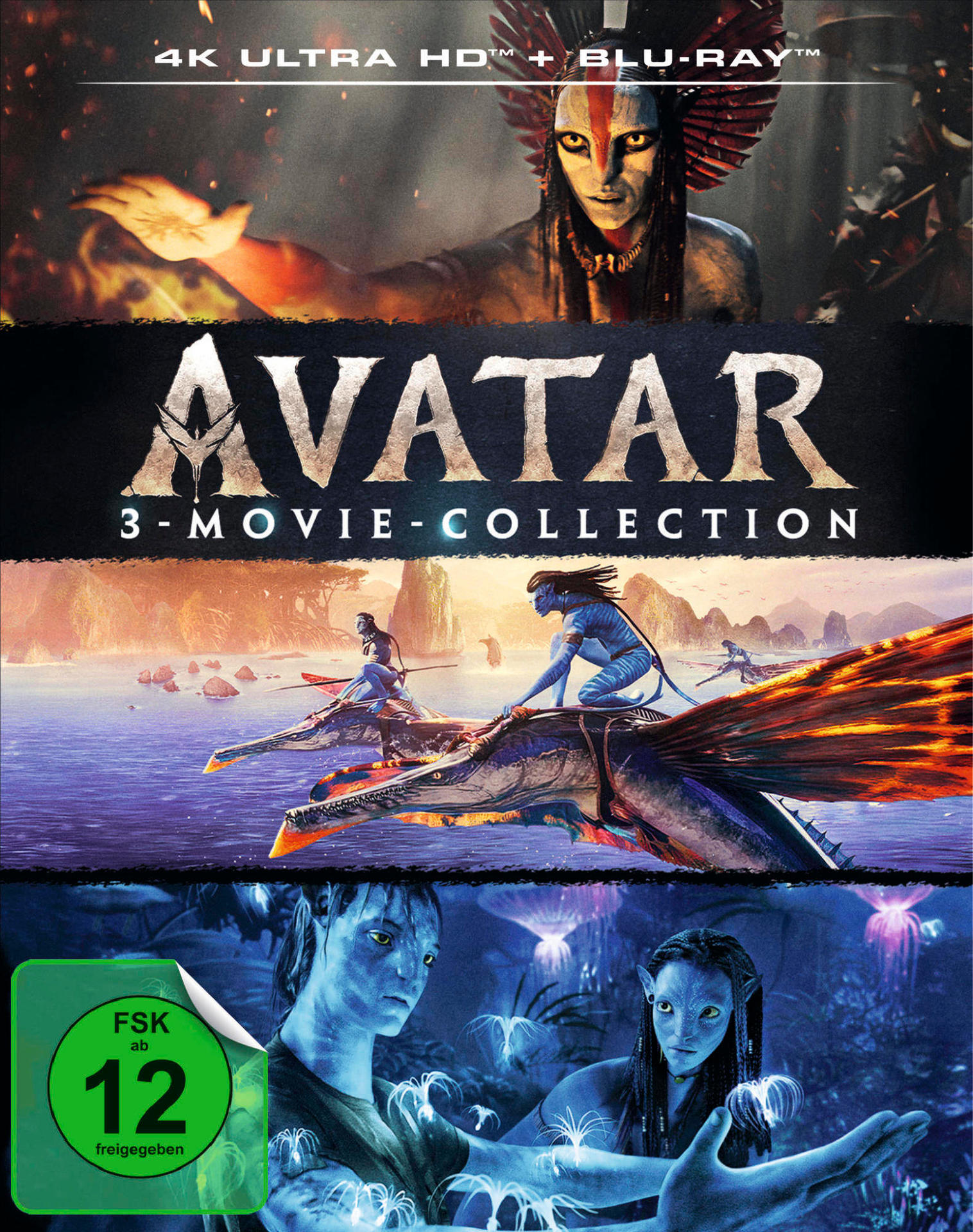 Avatar 3-Movie Collection: Na'vi-Krieger, Flugtiere und FSK-12-Symbol.