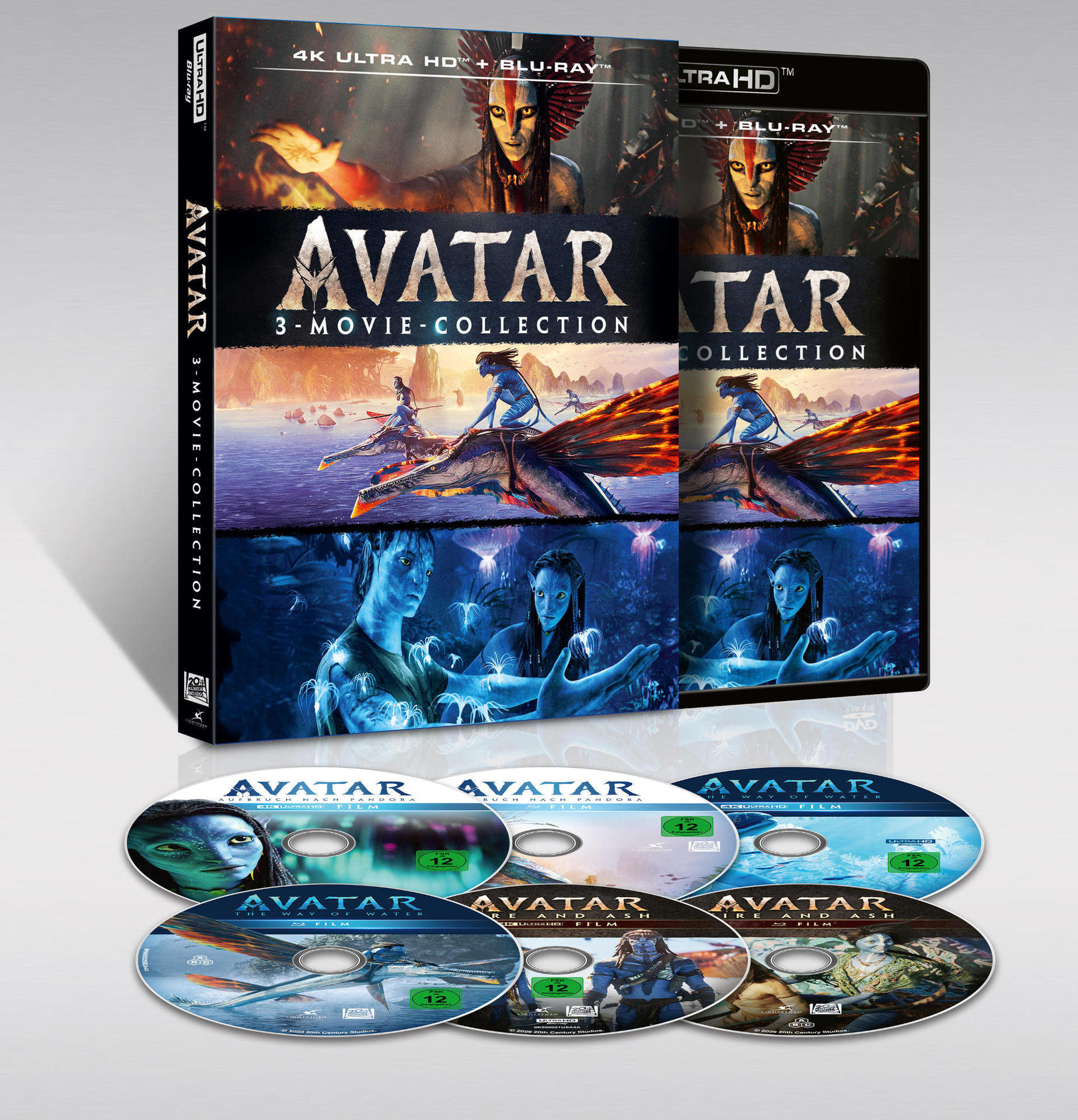 Avatar 3-Movie Collection 4K UHD Blu-ray Box mit 6 Discs und Filmpostern.