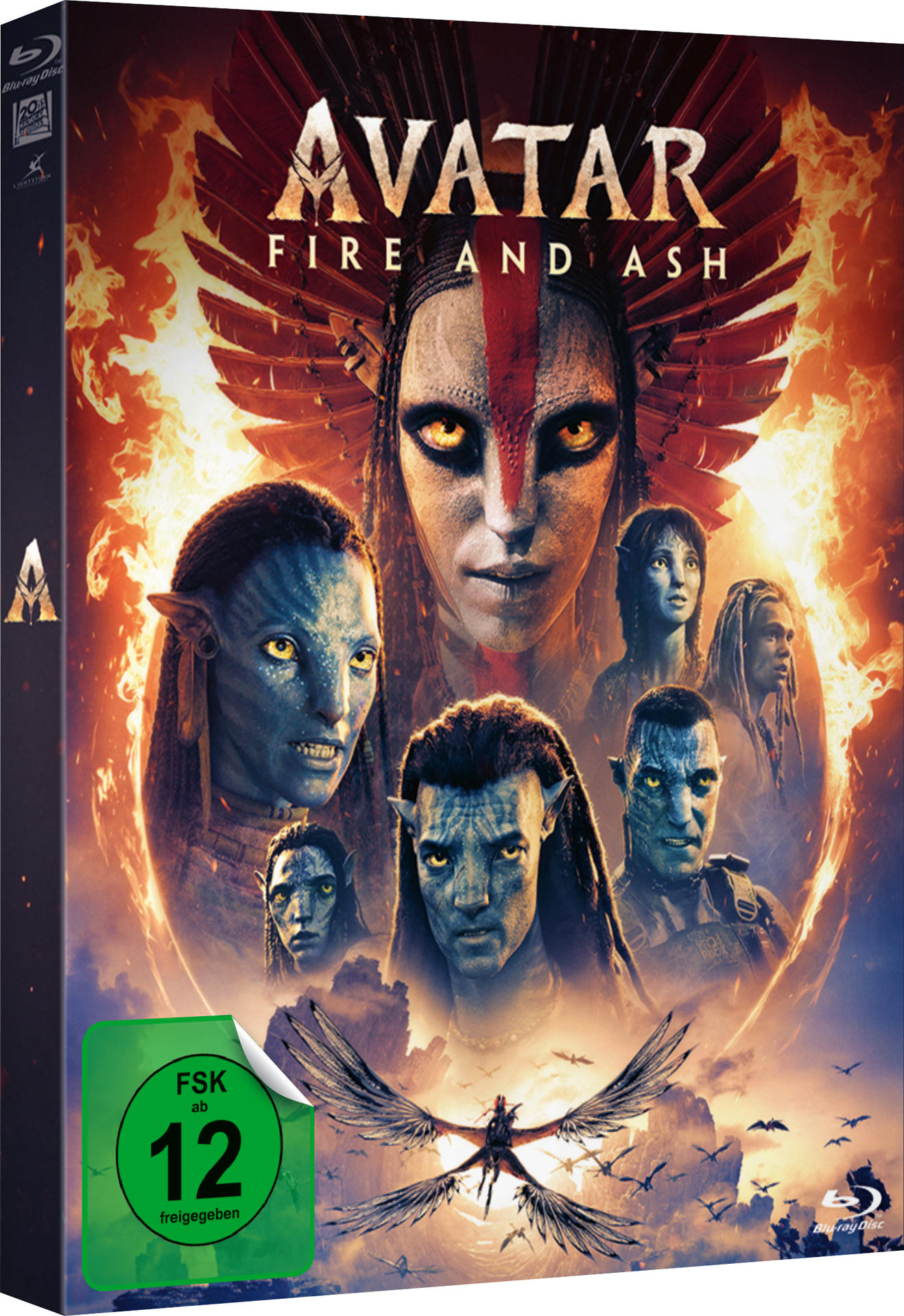 Avatar: Fire and Ash Blu-ray Cover mit Charakteren und Flammen.
