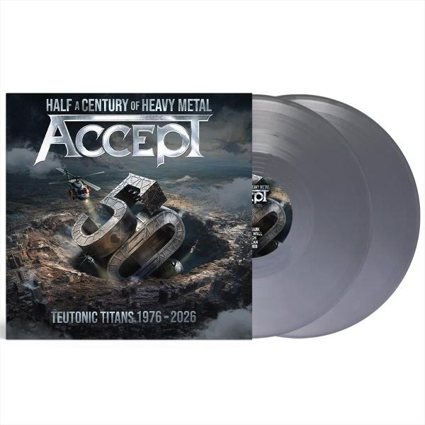 Cover-Artwork mit dem Titel "Half a Century of Heavy Metal" von Accept und zwei silbernen Schallplatten.