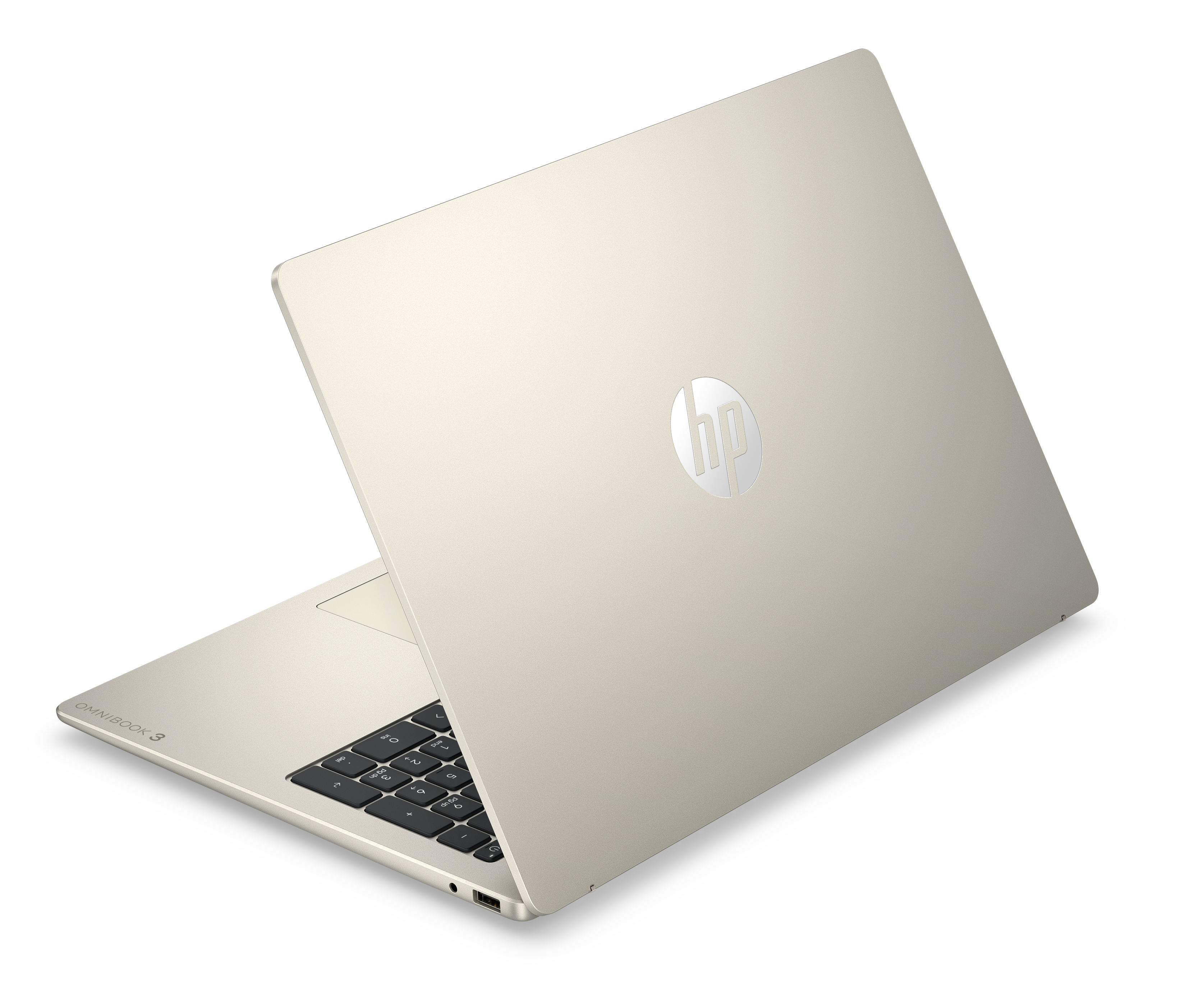 Jasnozłoty laptop HP Omnibook 3, otwarty na czarnym tle.