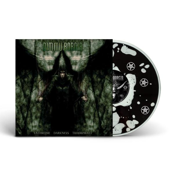 Ein CD-Cover mit einer dunklen Figur und Flügeln, daneben eine CD mit Symbolen.