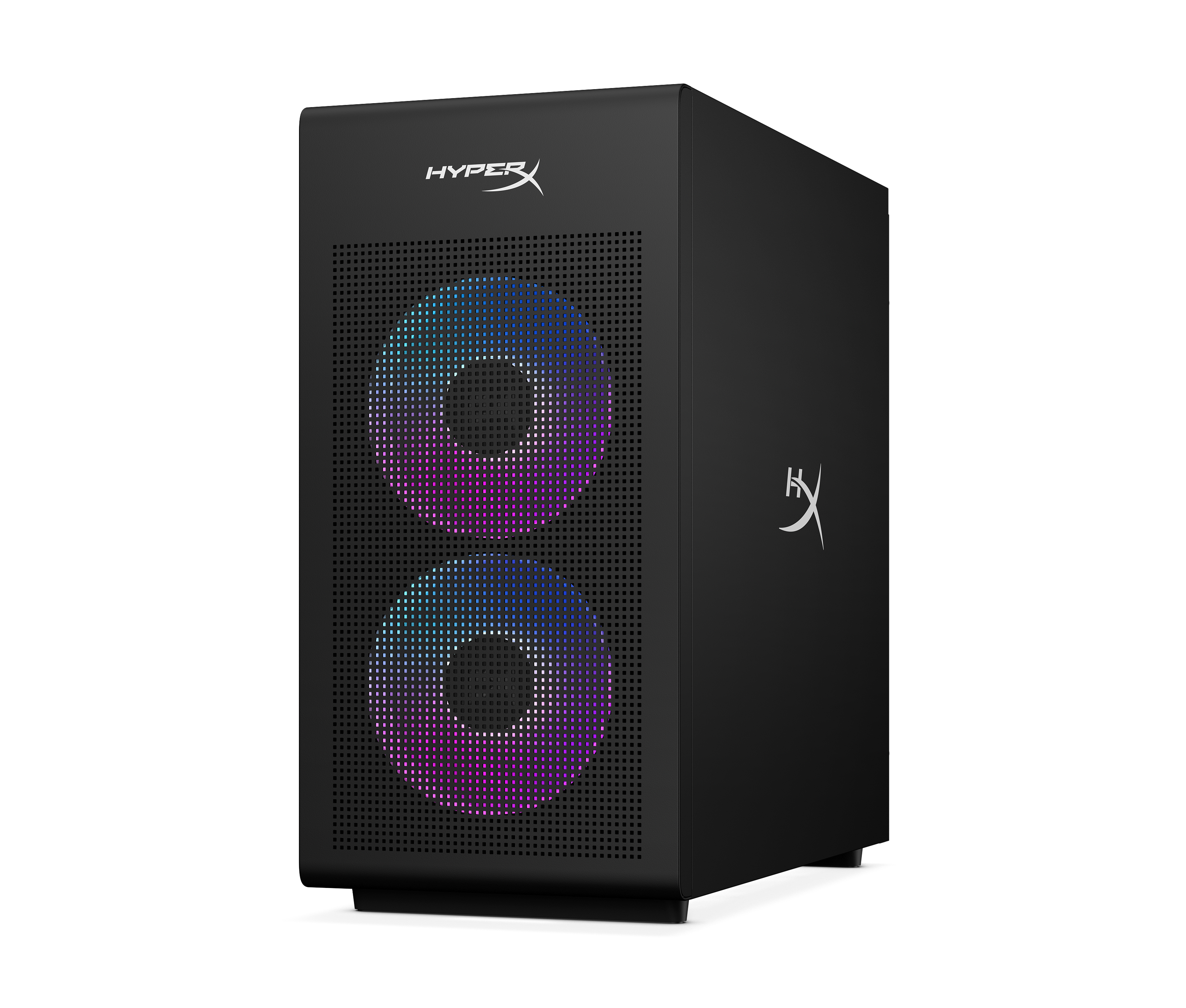 Schwarzer PC-Tower mit RGB-Lüftern und HyperX-Logo.