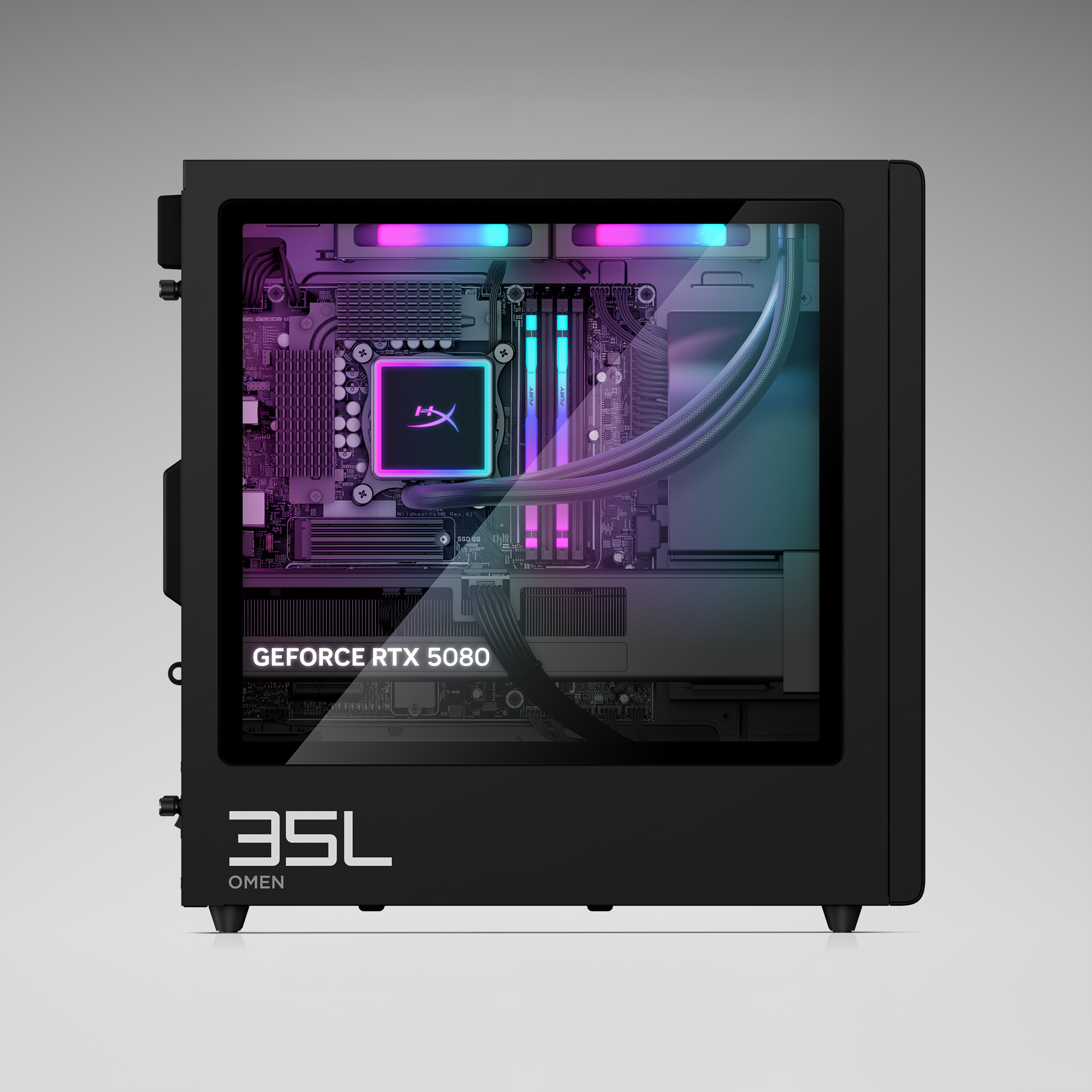 Schwarzer Gaming-PC mit Sichtfenster, RGB-Beleuchtung und RTX 5080.