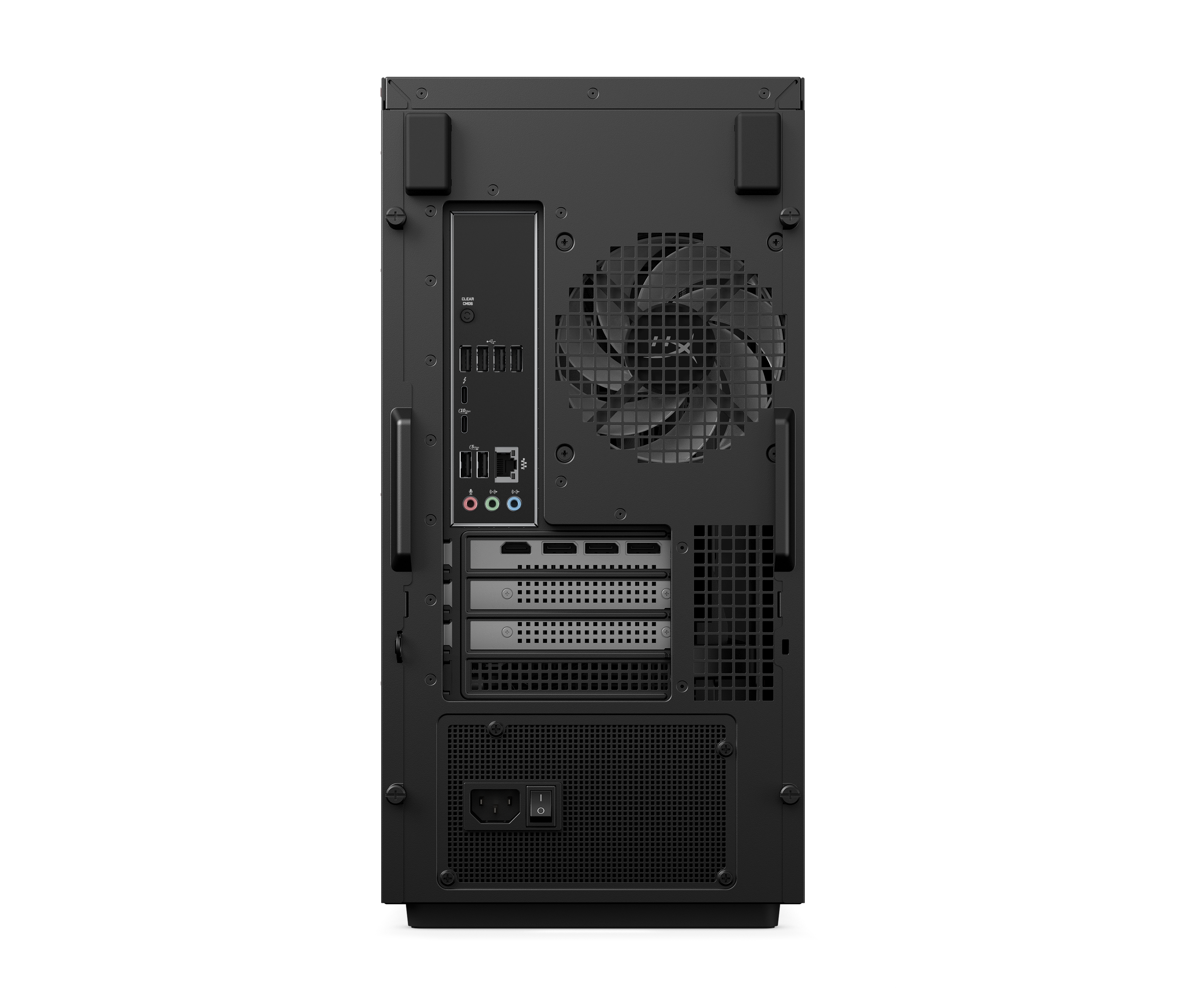 Rückseite eines schwarzen PCs mit Lüfter, Anschlüssen und Netzteil.