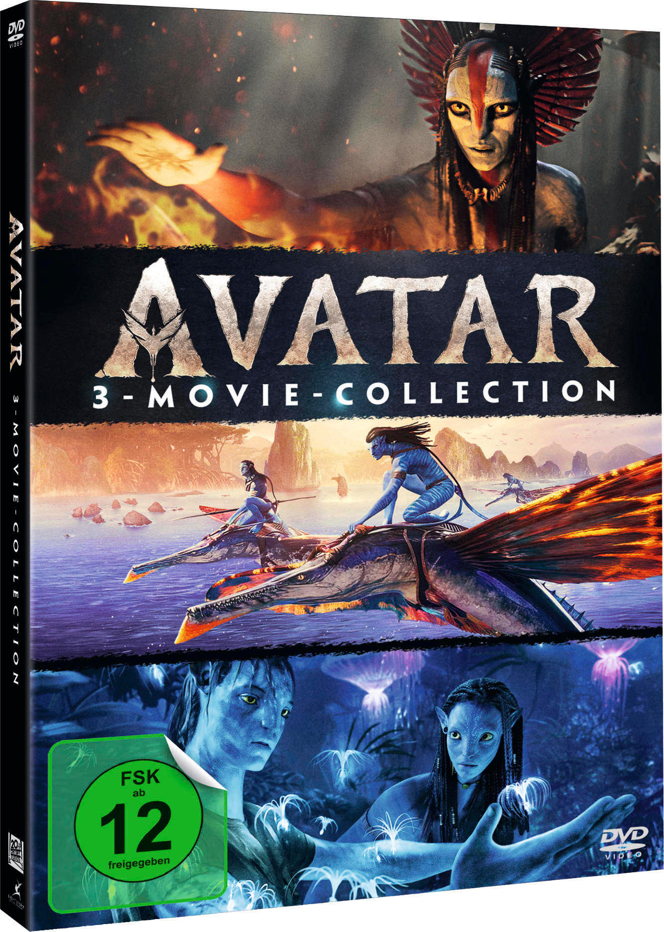 Avatar 3-Movie-Collection DVD-Hülle mit Na'vi, Flugkreaturen und FSK 12 Siegel.