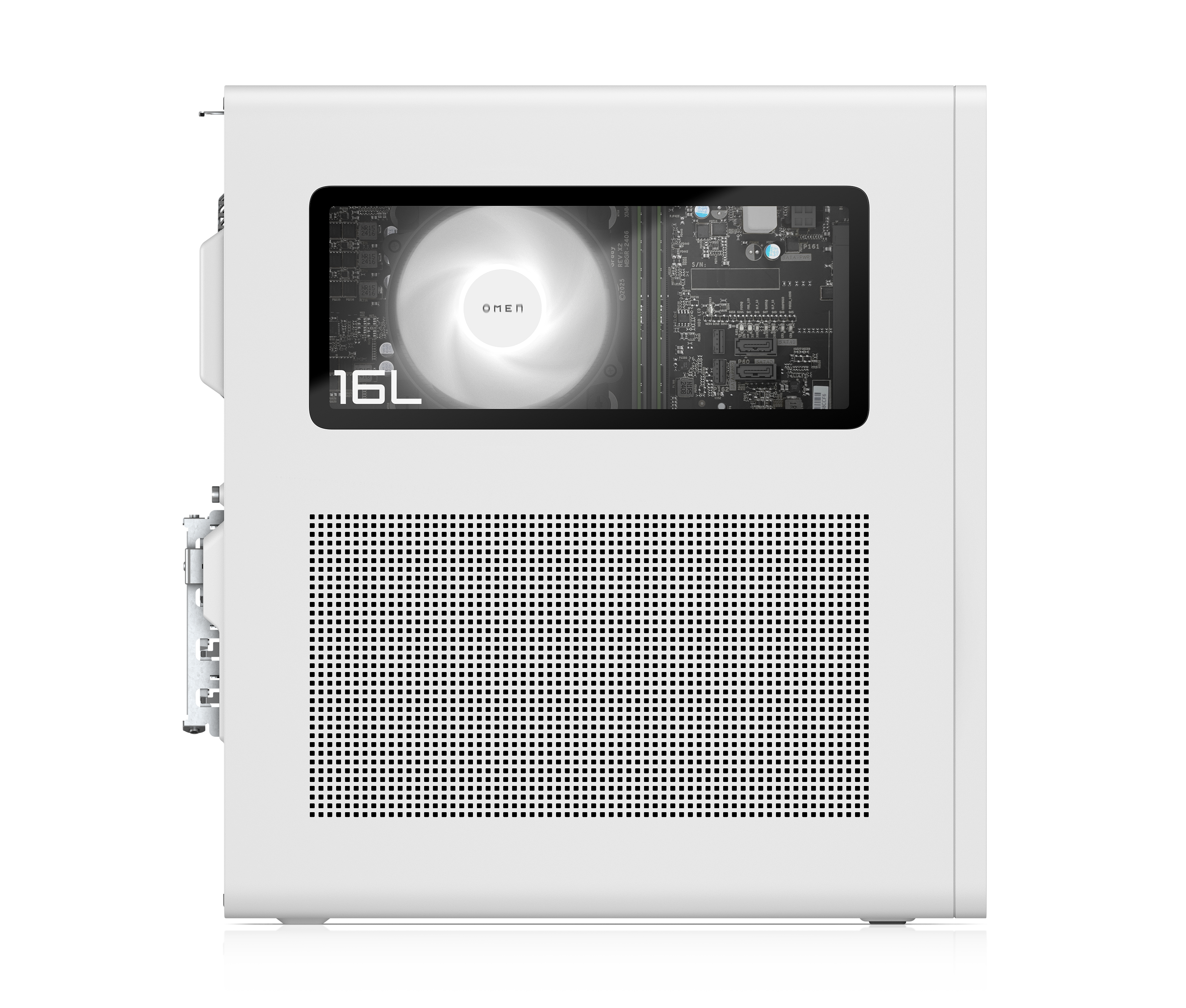 Ein weißes Computergehäuse mit einem sichtbaren Innenleben und einem Lüfter.
