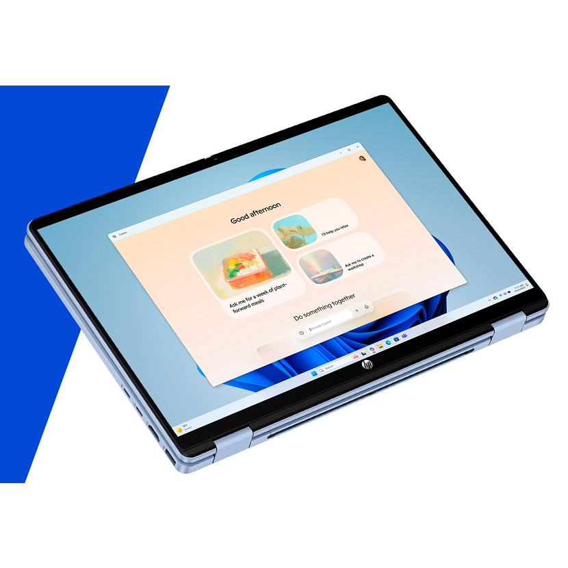 Jasnoniebieski laptop konwertowalny HP wyświetla ekran główny z podpowiedziami.