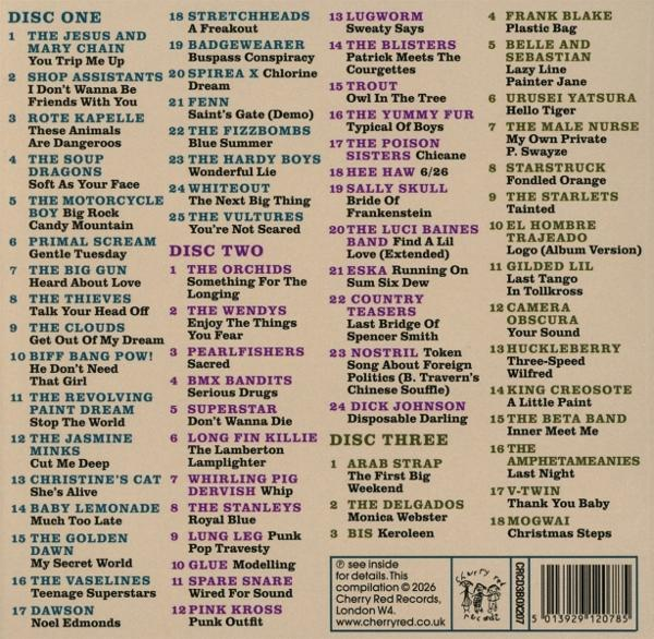 Liste von CDs mit Bandnamen und Songtiteln, aufgeteilt in drei Discs.