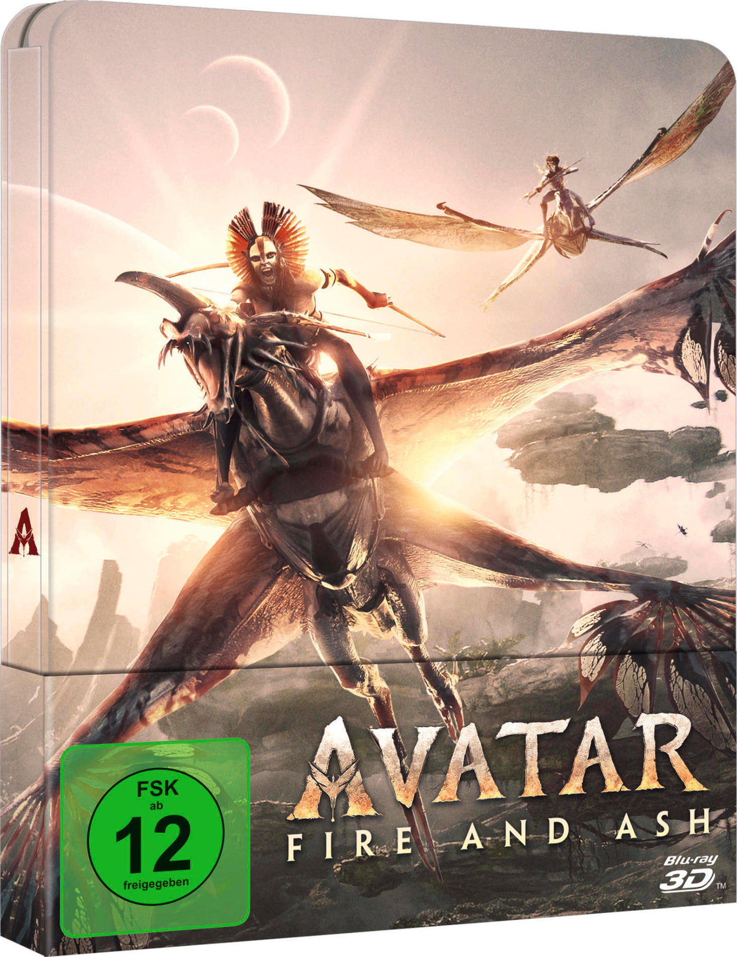 Avatar: Fire and Ash Blu-ray-Hülle mit Reitern auf geflügelten Kreaturen im Flug.