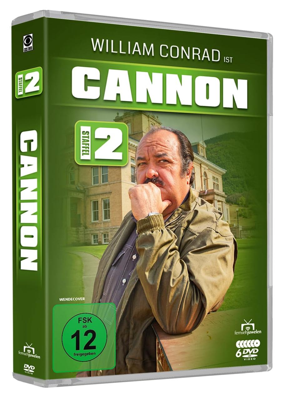DVD-Cover: William Conrad als Cannon Staffel 2 vor einem Herrenhaus.