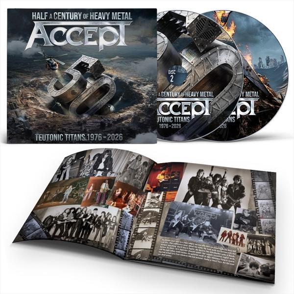 Cover und Buch eines Albums von Accept mit dem Titel '50 Years'.