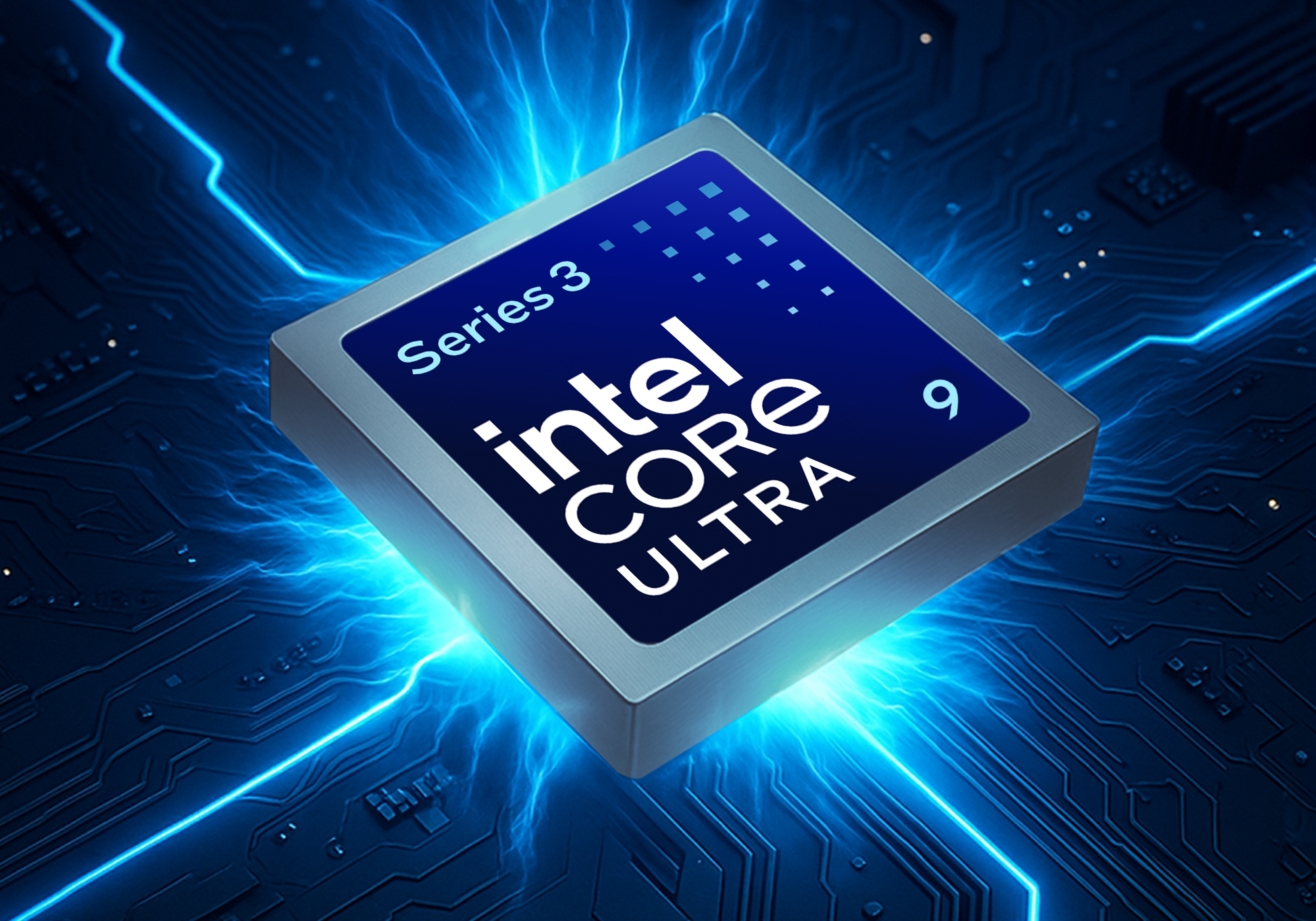 Procesor Intel Core Ultra na płycie obwodów z niebieskimi efektami świetlnymi.