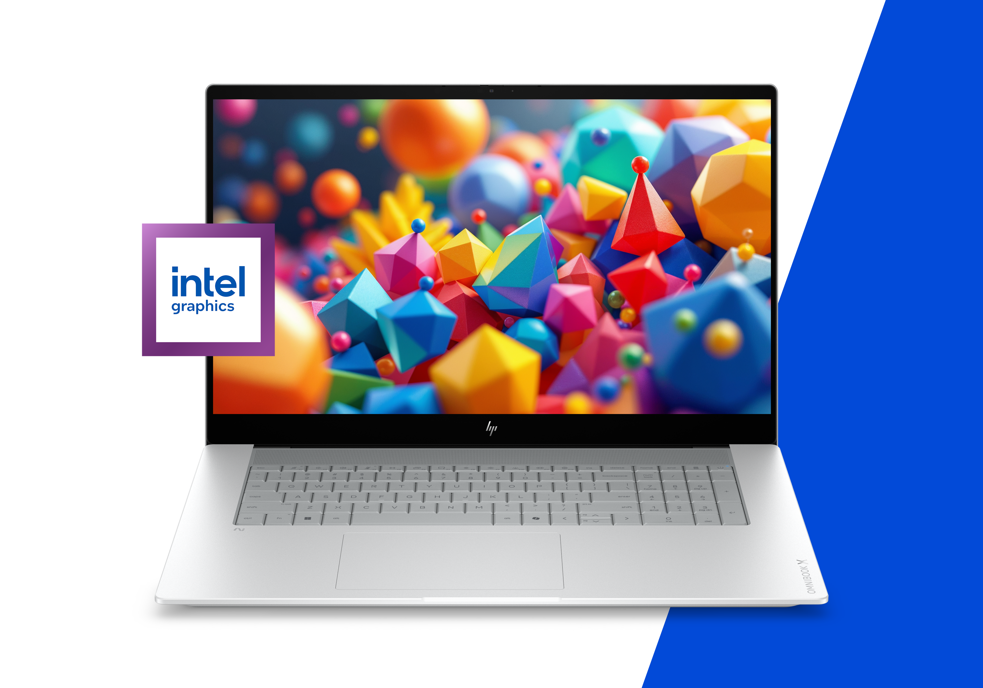 Srebrny laptop z kolorowym geometrycznym tłem i logo Intel Graphics.