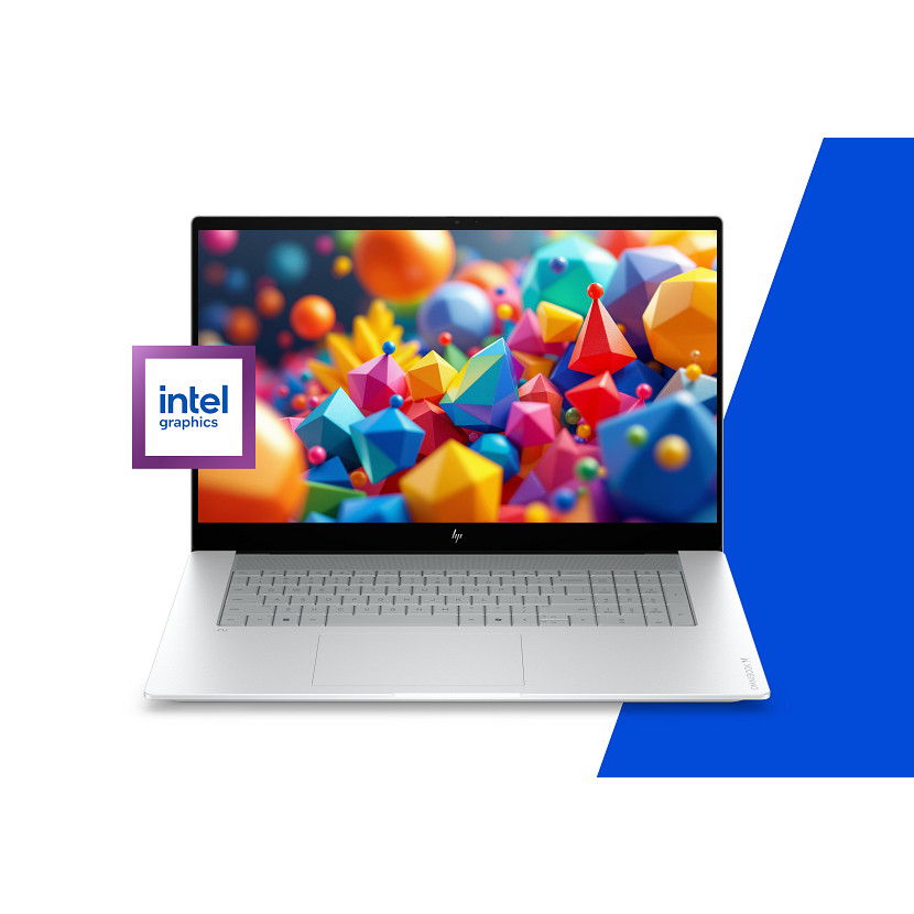 Laptop wyświetla kolorowe, abstrakcyjne tło z geometrycznymi kształtami.