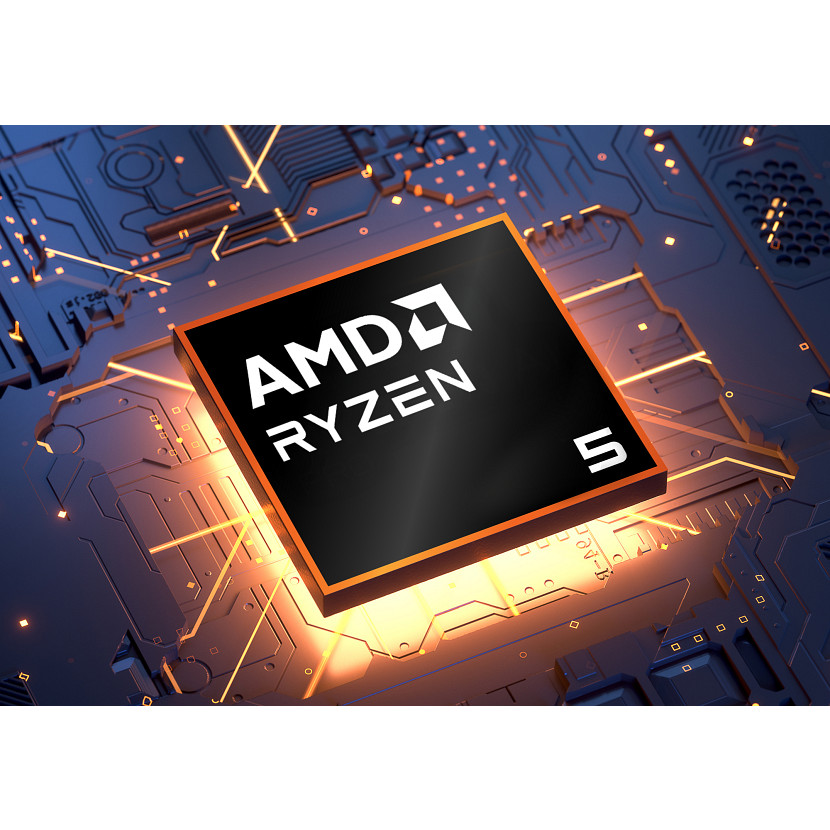 AMD Ryzen 5 Prozessor auf einer Leiterplatte mit leuchtenden orangen Linien.