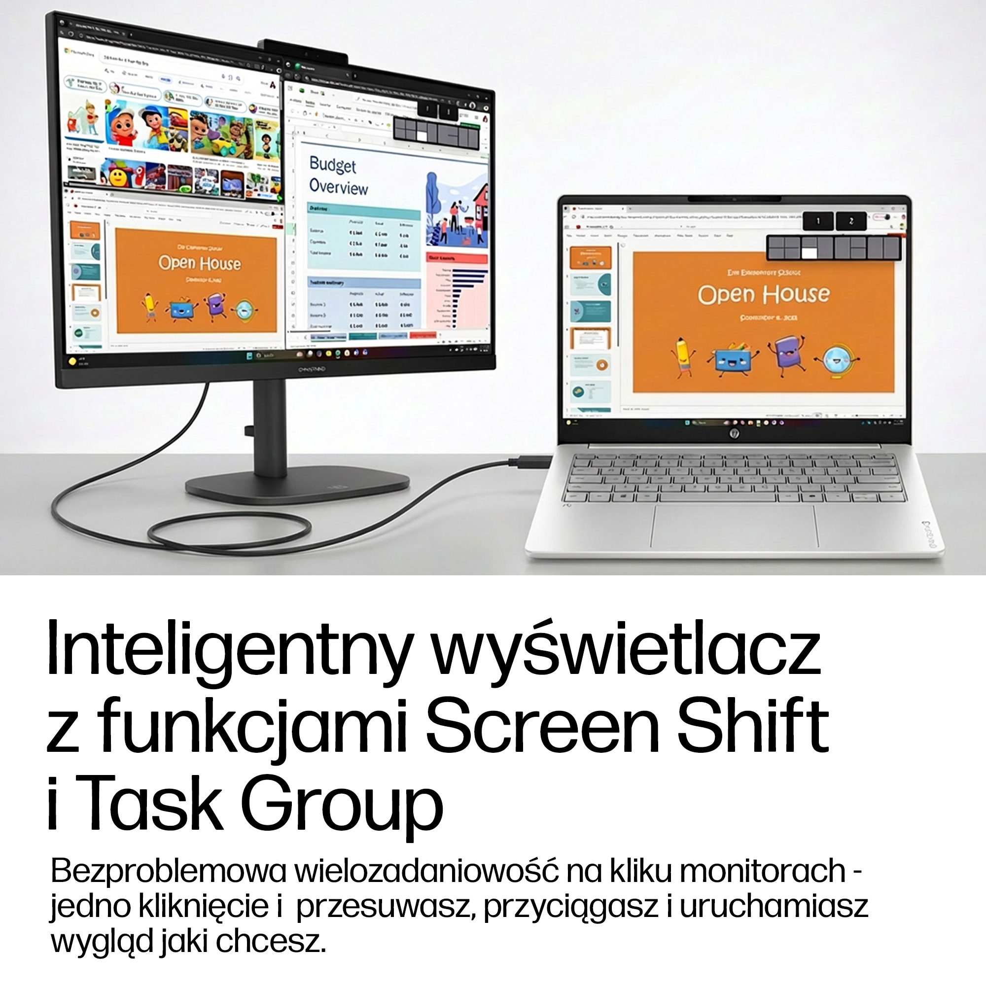 Laptop i zewnętrzny monitor wyświetlają różne aplikacje i prezentacje. Czysty układ.