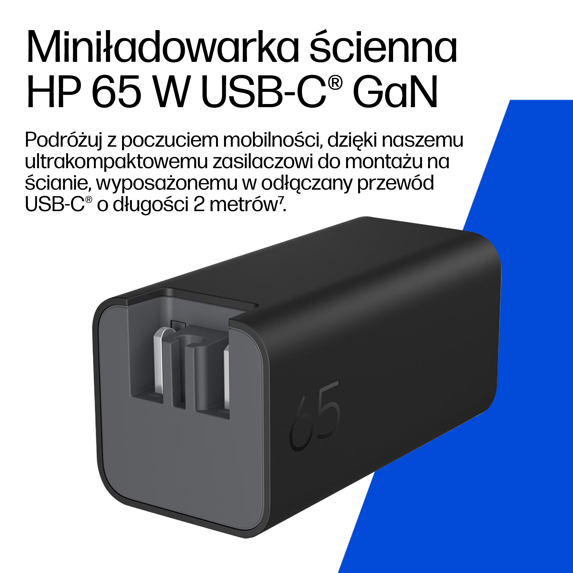 Czarna ładowarka ścienna USB-C GaN z nadrukiem "65".