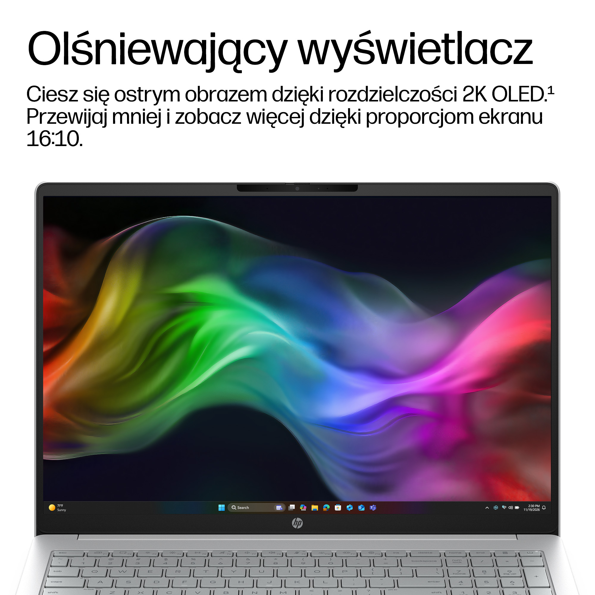 Laptop z kolorowym, płynnym obrazem tła na ekranie.