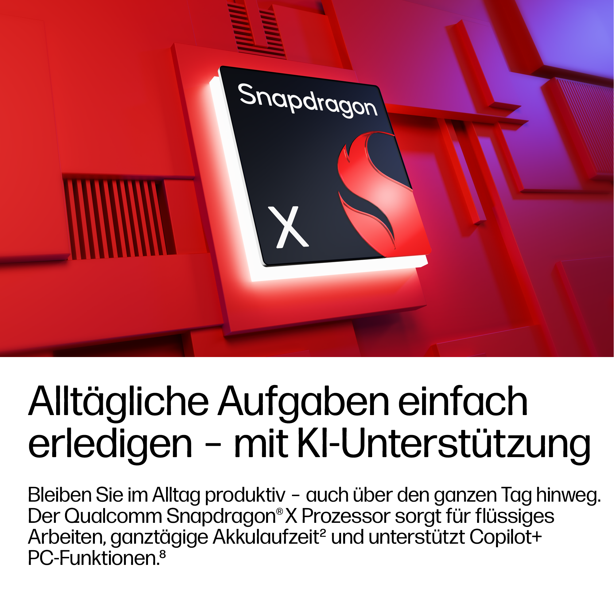 Snapdragon X-Prozessor mit rotem Logo auf rotem Hintergrund.
