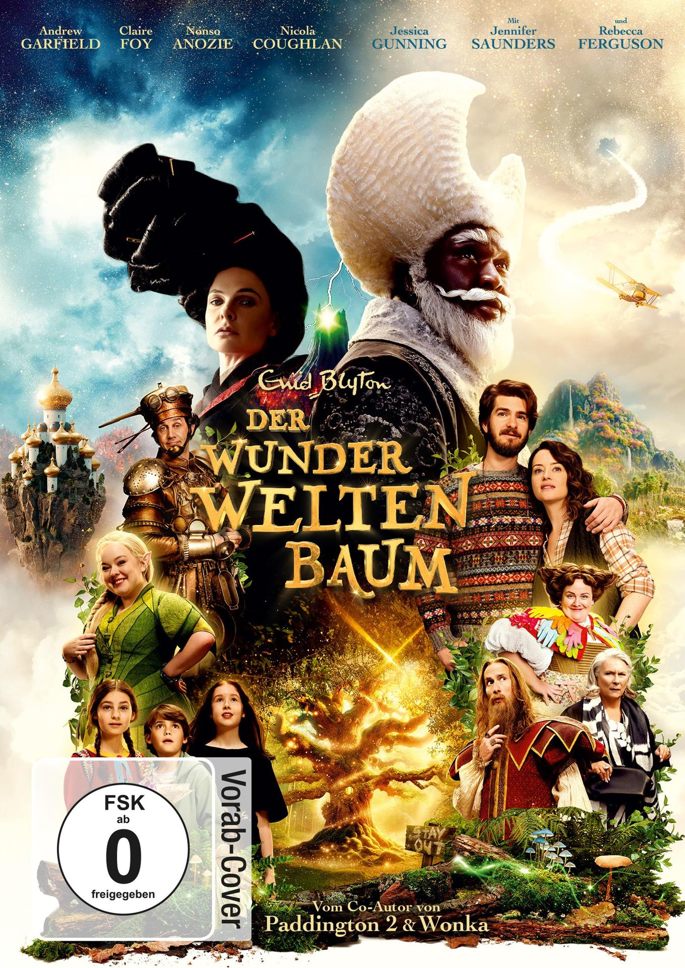 Filmplakat mit Schauspielern, einem Baum, einer Burg und einem Flugzeug.