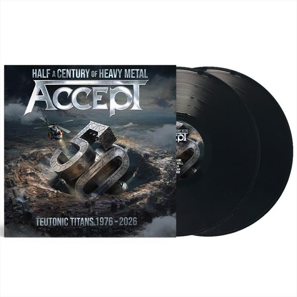 Accepts Vinyl-Albumcover "Half a Century of Heavy Metal" mit dramatischer Landschaft und zwei schwarzen Vinyl-Schallplatten.